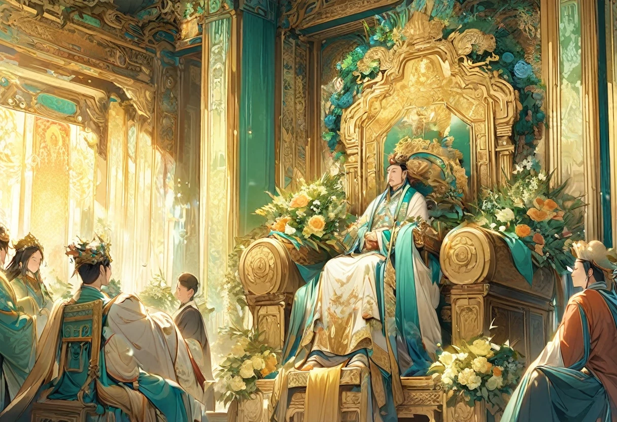 show 2 people, a jade Emperor seated on a magnificent golden throne in the heavenly realm looks down to a young farmer who is in simple clothing stands respectfully before him . Surround them with  vibrant celestial flora under a soft, golden light, symbolizing the sacred nature of the encounter.