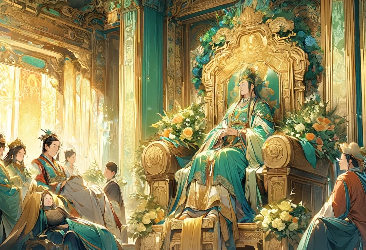 show 2 people, a jade Emperor seated on a magnificent golden throne in the heavenly realm looks down to a young farmer who is in simple clothing stands respectfully before him . Surround them with vibrant celestial flora under a soft, golden light, symbolizing the sacred nature of the encounter.
