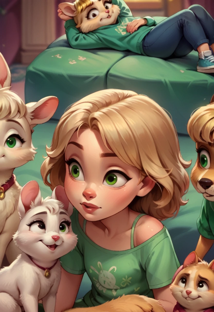 1girl(Blonde with green eyes), 1 dog, 3cats, 2rabbits, 1hamster.