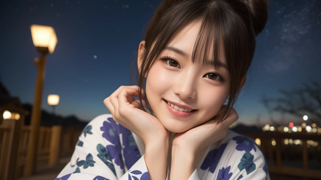 (1women), bun hair, (round eyes:1.2), (highly detailed face), (extremely detailed beautiful face), (smile happily), (floral pattern yukata), (Best Quality:1.4), (Ultra-detailed), extremely detailed CG unified 8k wallpaper, Realistic portrait, Beautiful detailed, High-definition raw color photos, professional photography, night sky, tanzaku, (Japan's Tanabata, Tanabata night), tanzaku, beautiful milky way, (fine face:1.2), focus on women