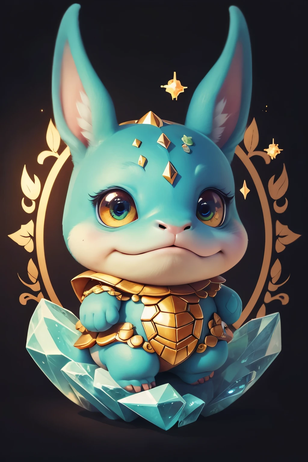 Cartoon illustration of turtle with hoof studded in crystals, Portrait of a cartoon animal, magical character, official illustration, cute portrait of a babytle with hoof studded in crystals