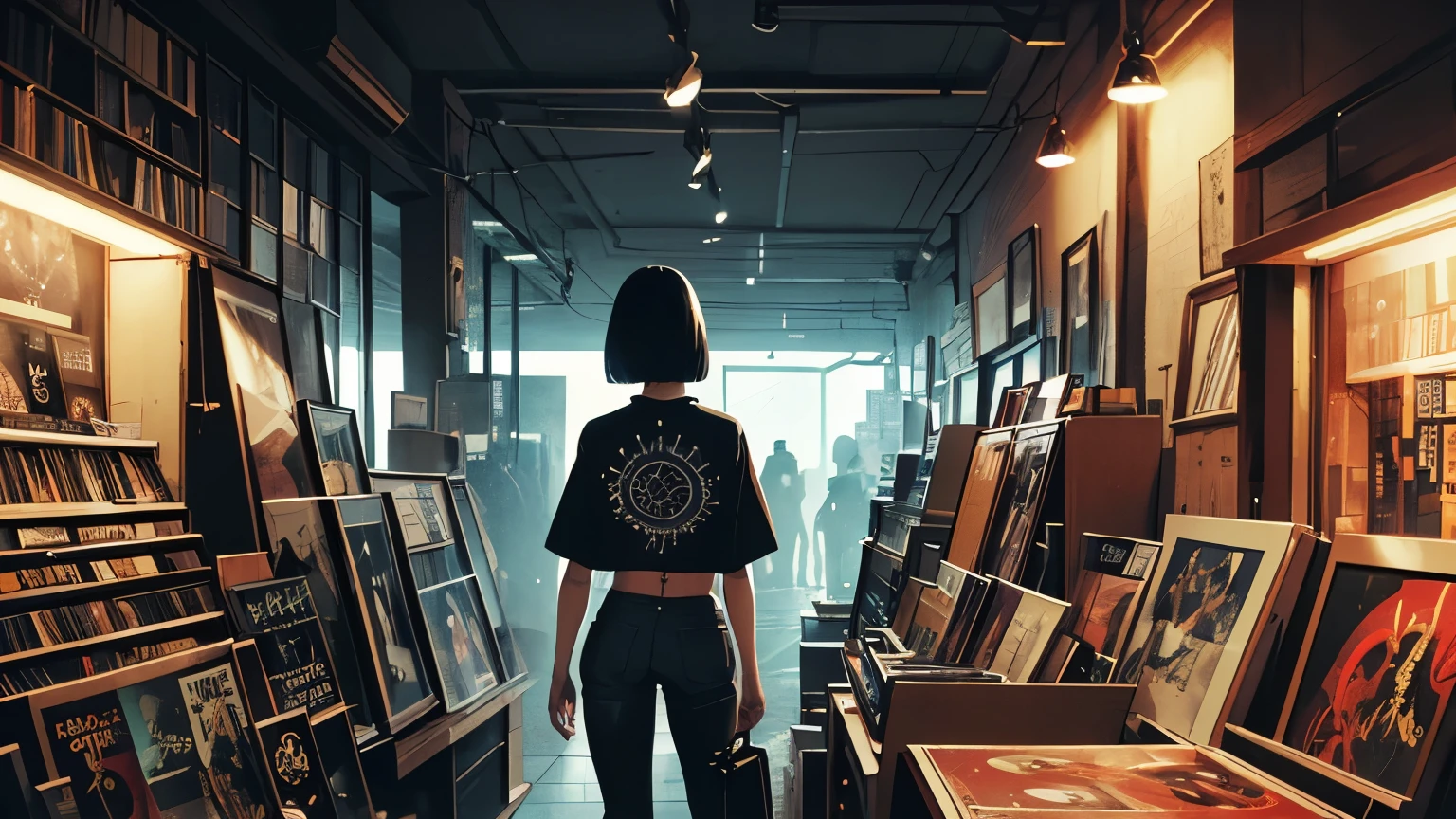 一個Very detailed的美丽女人, Perfect face,Black Hair, bob cut,Bangs, Gray eyes, Top of crop, Short sleeve, crop top, Huge breasts, Super detailed, Retro Wave, Cyberpunk, Sad atmosphere, night light through the window, night vibes, Room, 2d, (long shot), Wide-angle lens, (noise movie), Old comics, (A lot of records:1.3), vinyl plastic record shop, (masterpiece, best quality, best quality, Official Art, beautiful and aesthetic: 1.2), (Very detailed, (Fractal Art: 1.4), Guitar, (notes: 1.4), ( Lo-fi hip-hop), side view, Old anime texture, Solitary, loudspeaker, Cyberpunk, vinyl plastic, night