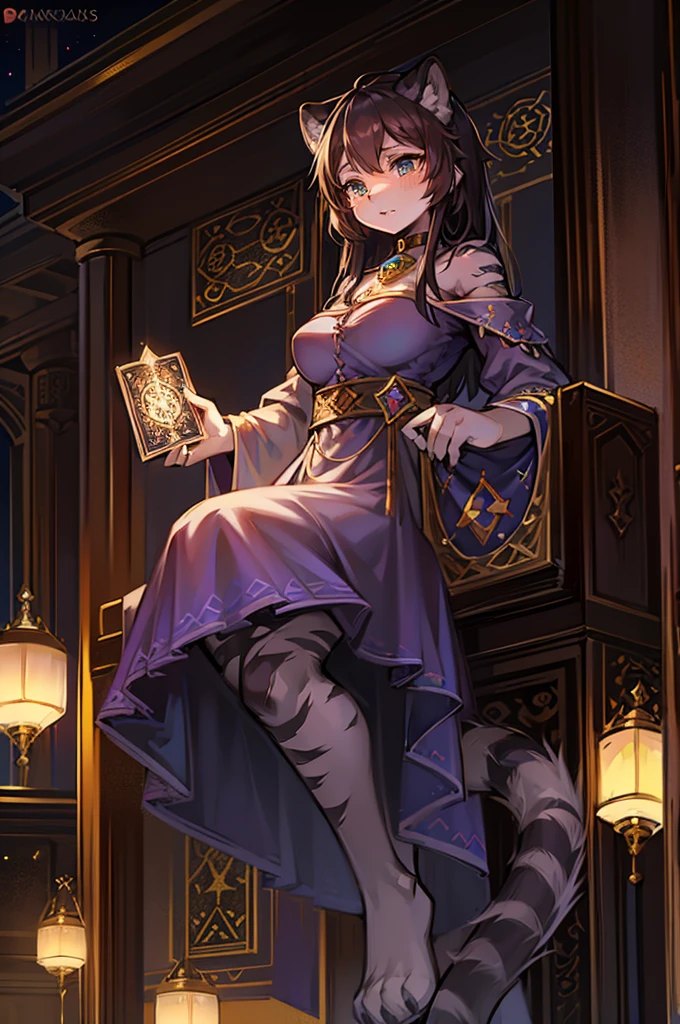 white tiger girl in mage dress, she is a mage that uses tarot cards. She has black hair. She has black stripes on her fur. She has black tiger stripes on her body and face. She has black stripes all over her body and face. She is a Tiger Girl. She has a tail. She has backwards hands. She is a Raksasha. She is holding a tarot card.