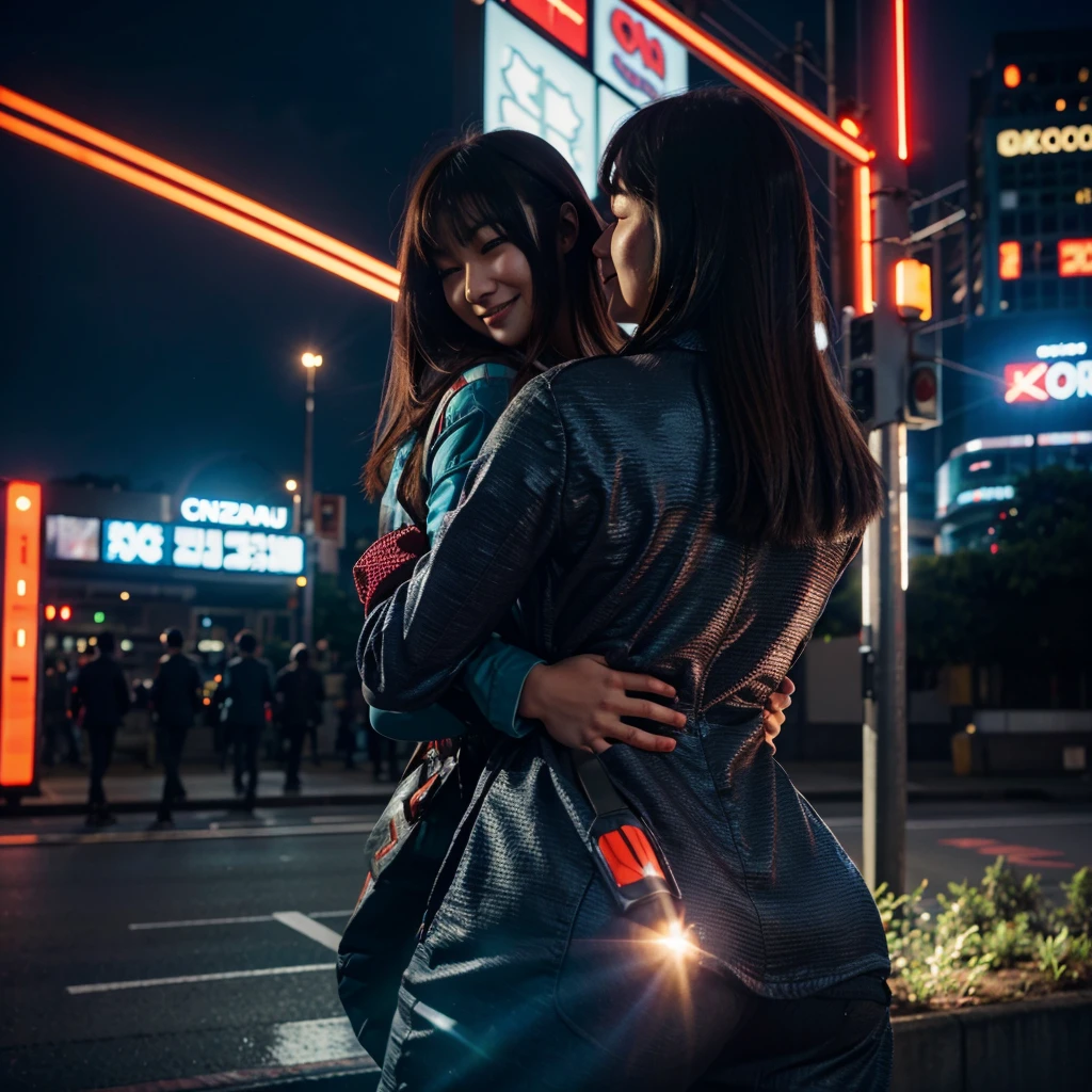 a godzilla holding a beautiful ultraman woman with a beautiful face, from behind while laugh in front of the city, bright and colorful light