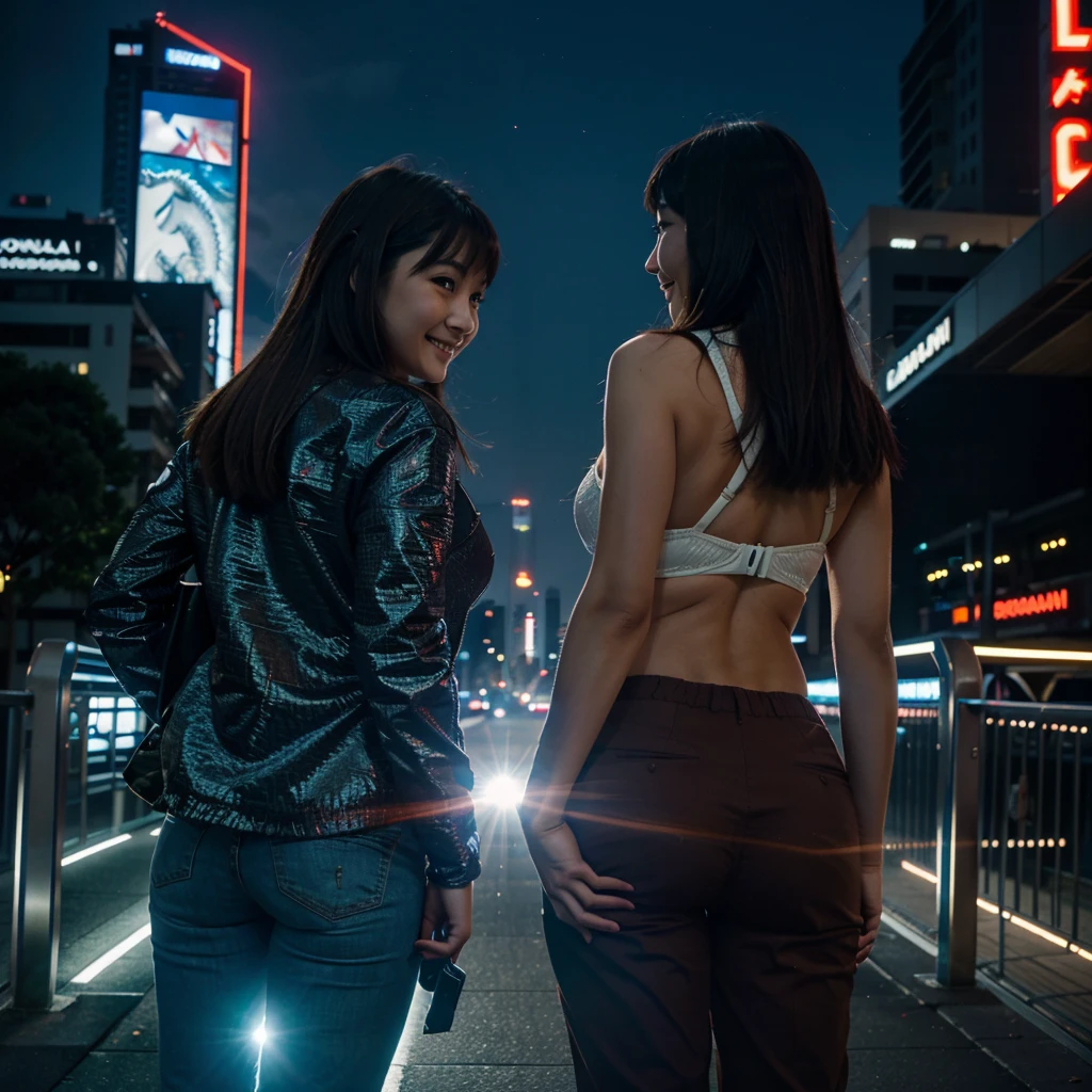 ((Best Quality)), ((Masterpiece)), (Very detailed), 1beautiful and athletic blonde swedish girl, big tits, bridal good, very small sheer black chiffon brazilian style, with floral embroidery in red and green and mini thongs, Breasts, contemplating the Hong Kong Skyline at night, one of them looks at the camera, walking down the street, very big ass, heels, 35mm lens