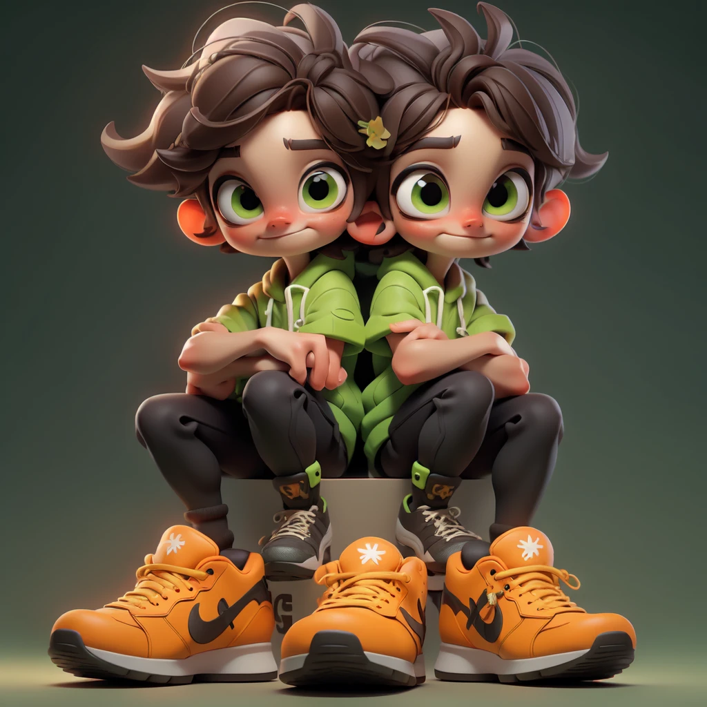 Cartoon character (single boy) sculpture, with brown hair, large eyes, orange and green outfit, neon sneakers, sitting on a box, playful expression, modern design