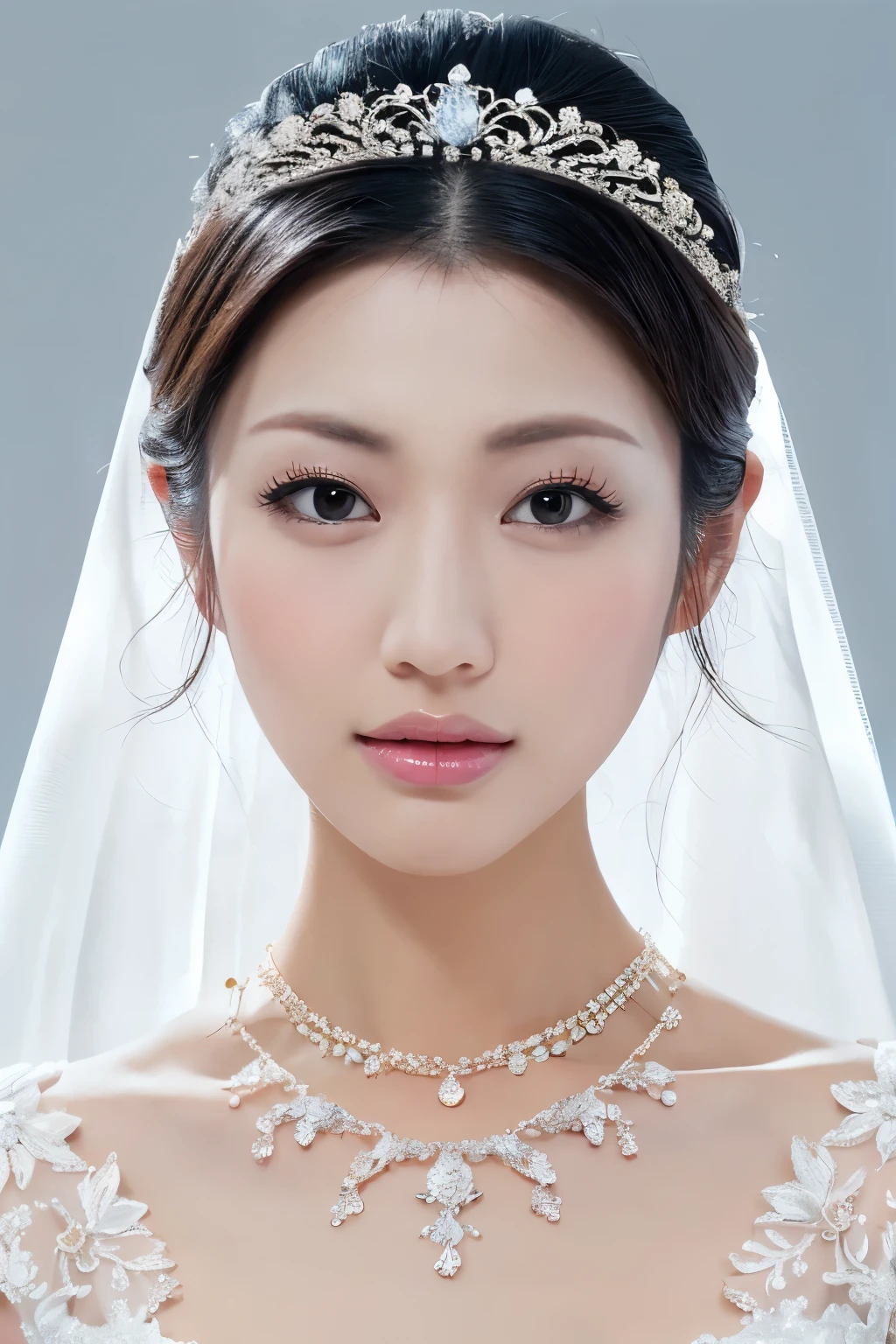 (Highest quality、Tabletop、8K、Best image quality、Award-winning works)、One beautiful bride、(alone:1.1)、(The most extravagant and gorgeous huge pure white wedding dress:1.1)、(Perfect Wedding Lace:1.2)、(The most gorgeous and luxurious giant tiara:1.1)、(The most extravagant and luxurious giant necklace:1.1)、The finest jewellery decoration、Perfect Makeup、Long eyelashes、Ultra HD Shining Eyes、Ultra HD Hair、Ultra-high resolution glossy lips、Super high resolution beautiful face、(Accurate anatomy:1.1)、Very bright and beautiful skin、very bright and vivid、Perfect beautiful bridal hairstyles、(Front facing body:1.1)、(The simplest solid color background:1.2)、(Cold, expressionless face:1.4)