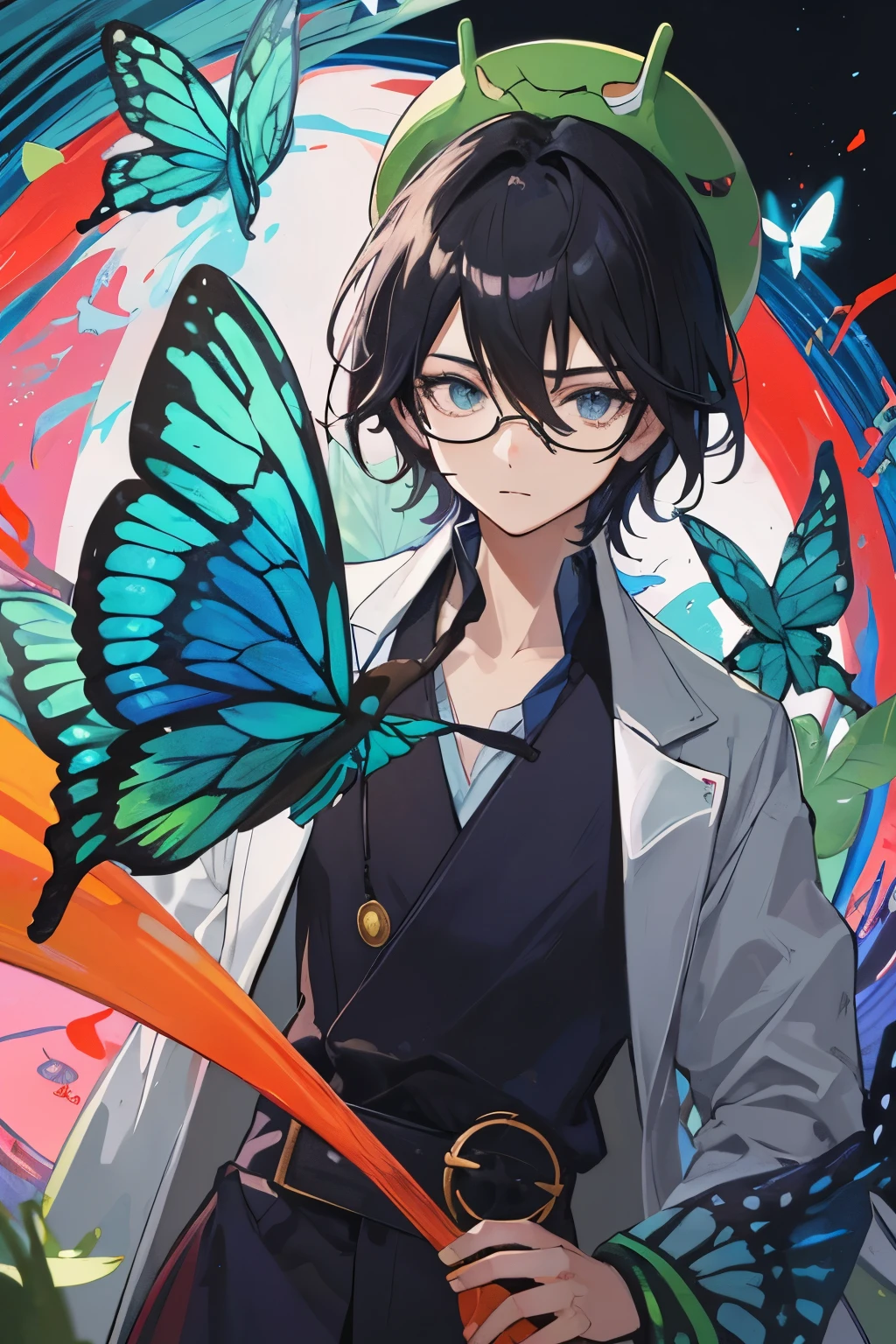 Long-haired boy, adorned with a whimsical frog hat and a lab-coat reminiscent of a scientist, indulges in a butterfly - a captivating scene portrayed in the enchanting world of anime style.
(closer view: 1.2)
(butterfly on a leaf: 1.1)
laboratory coat, frog hat, anime, close-up, short hair, black hair, eye glasses, colorful background, radial lines, (anime style: 1.1).
In this vibrant and vivid anime-inspired illustration, the boy, with his distinctive hairstyle and eyew