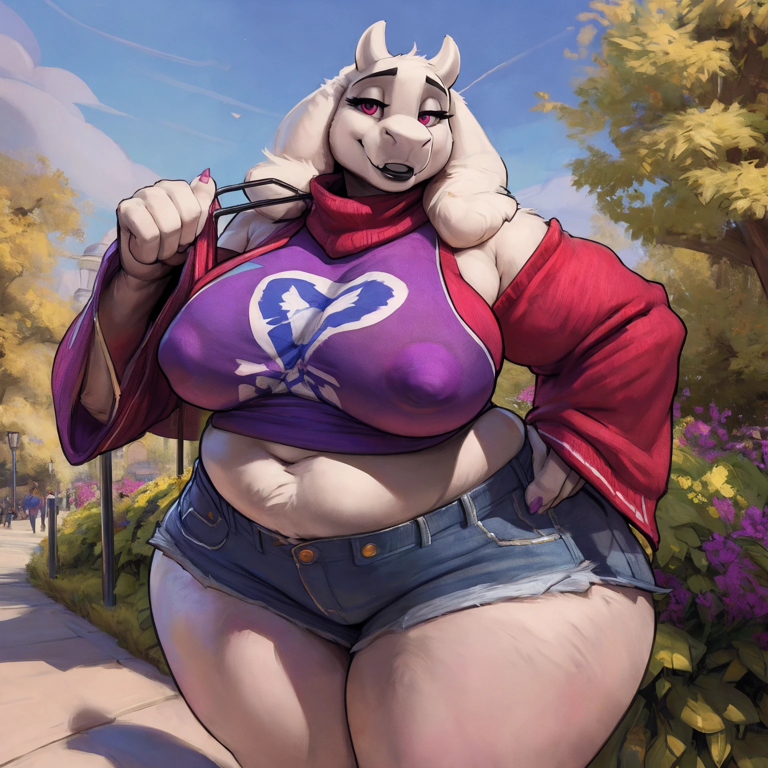 by darkgem, by duase, by bng, solo, 1girl, toriel, maroon eyes, female, older woman, furry body, chubby, heavyset, broad shoulders, wide body, wide hips, thick thighs, big arms, heavy breasts, nipple outline, highly detailed eye, (black pupil:1.3), milf, tank top, (bare midriff:1.3), cleavage, large areolae, denim cutoffs, visible thong straps, Masterpiece, best quality, absurd res, highly detailed, cleanly drawn eyes, park environment, standing upright, cute smile, big bottom lip, black lipstick, casual posture, 