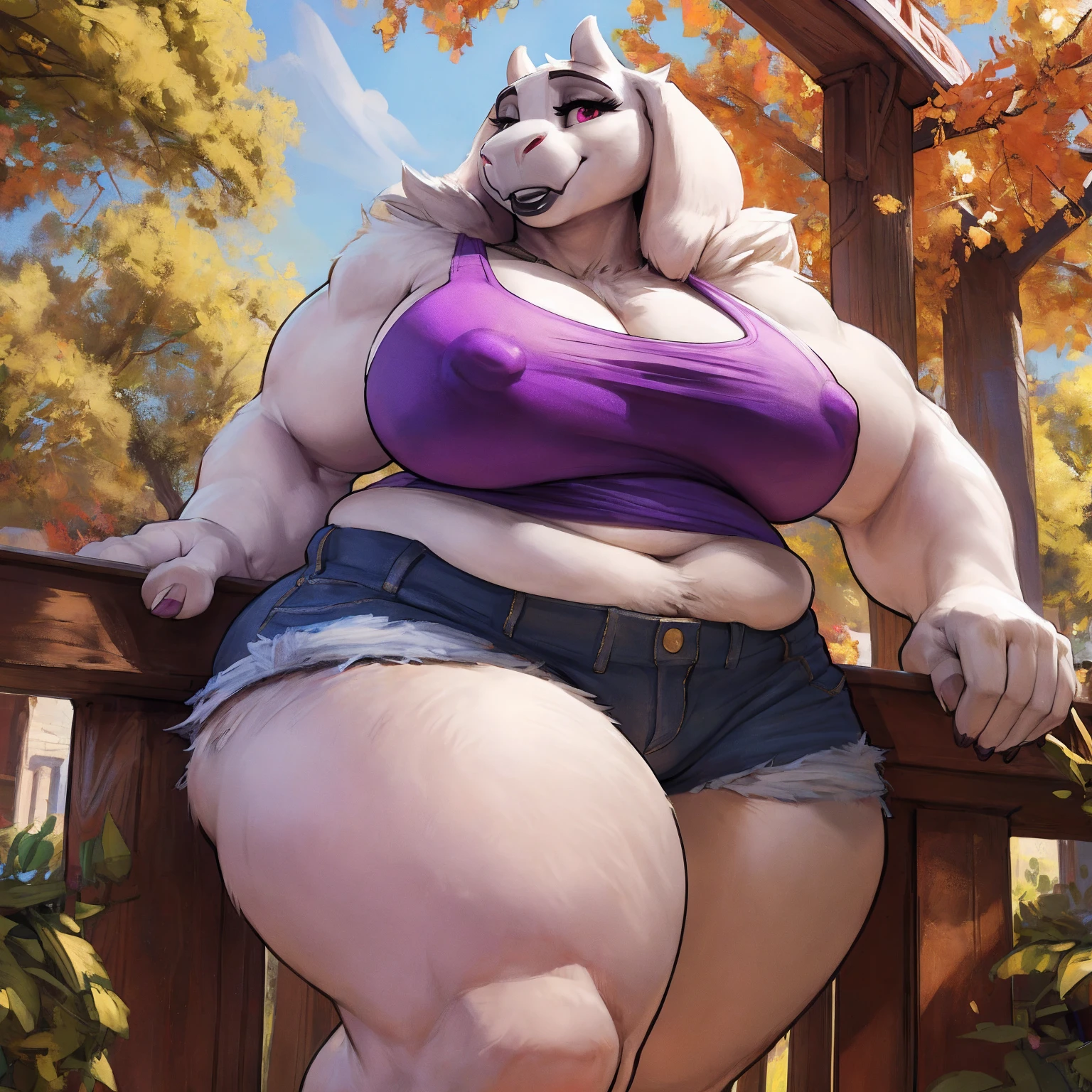 by darkgem, by duase, by bng, solo, 1girl, toriel, maroon eyes, female, older woman, furry body, chubby, heavyset, broad shoulders, wide body, wide hips, thick thighs, big arms, heavy breasts, nipple outline, highly detailed eye, (black pupil:1.3), milf, tank top, (bare midriff:1.3), cleavage, large areolae, denim cutoffs, visible thong straps, Masterpiece, best quality, absurd res, highly detailed, cleanly drawn eyes, park environment, standing upright, cute smile, big bottom lip, black lipstick, casual posture,