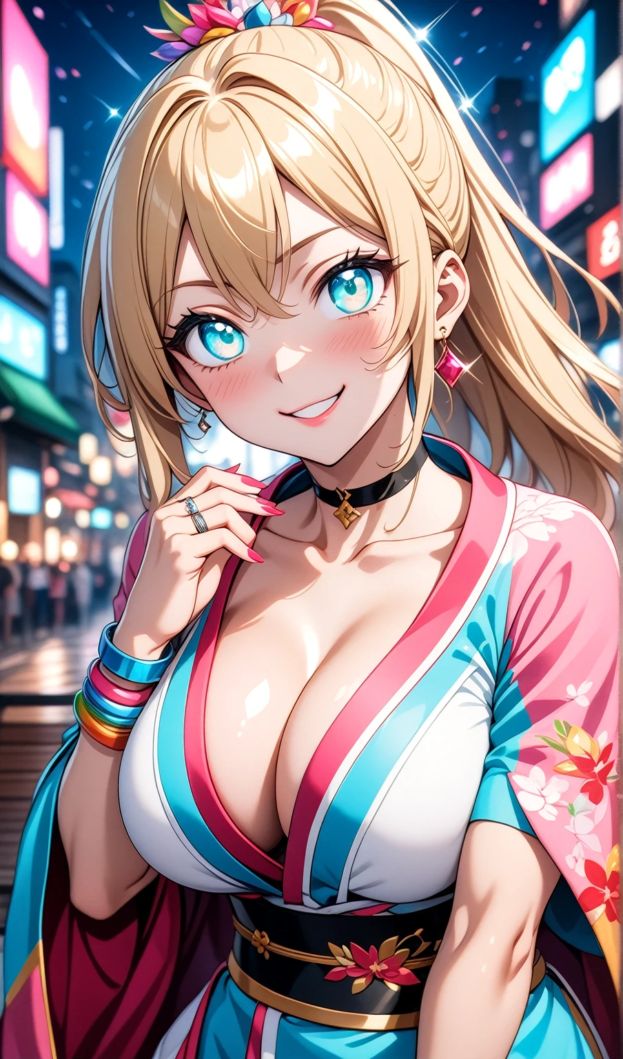 ((One personの女性)), Beautiful Face, ((smirk)),((Wink:2.0)), head tilt, Laugh with your mouth wide open,((Bright red cheeks:1.4)),Shiny red lips,night,rooftop,You can see the ocean, firework,Laughing with your mouth open,Glossy pink lips,Facial lighting,((Anime style background)),masterpiece, Highest quality, so beautiful,up to date, Complex details, (Pink long nails),(ring),(bracelet),(choker),AI-generated, Complex,High resolution, Highest quality, super high quality,3D Images、3D Images,One person,Long blonde hair,High Ponytail,(turquoise blue eyes),Anime woman posing for a photo, ((Fine grain、Colorful eyes on white、Shining Eyes:1.3)),(Squint your eyes:1.1),a hyperRealistic , hyperRealistic , Realistic,Anime woman with long white hair, Smooth anime CG art, A woman in a colorful kimono with gold embroidery, (Pink long sleeve kimono),Red floral pattern,Long flower hair ornament,Earrings,Mature Body,(Big Breasts:1.1),Tall,Abdominal muscles,Tight waist,(Zoom up to face:1.3),