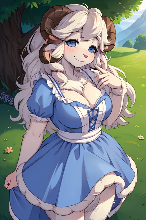 hairy sheep mom , (realistic hairy sheep fur:1.5) , round face , (tilt face:1.2) , (half-open eyes:1.5) , moist round sheep's eyes , Swollen cheeks , Seduction smile , glossy lips , Curly hair , princess dress , Alice in Wonderland , twilight , Adorable gestures , dynamic angle , nag factor , Gently guide , labyrinth , can not stand it any longer