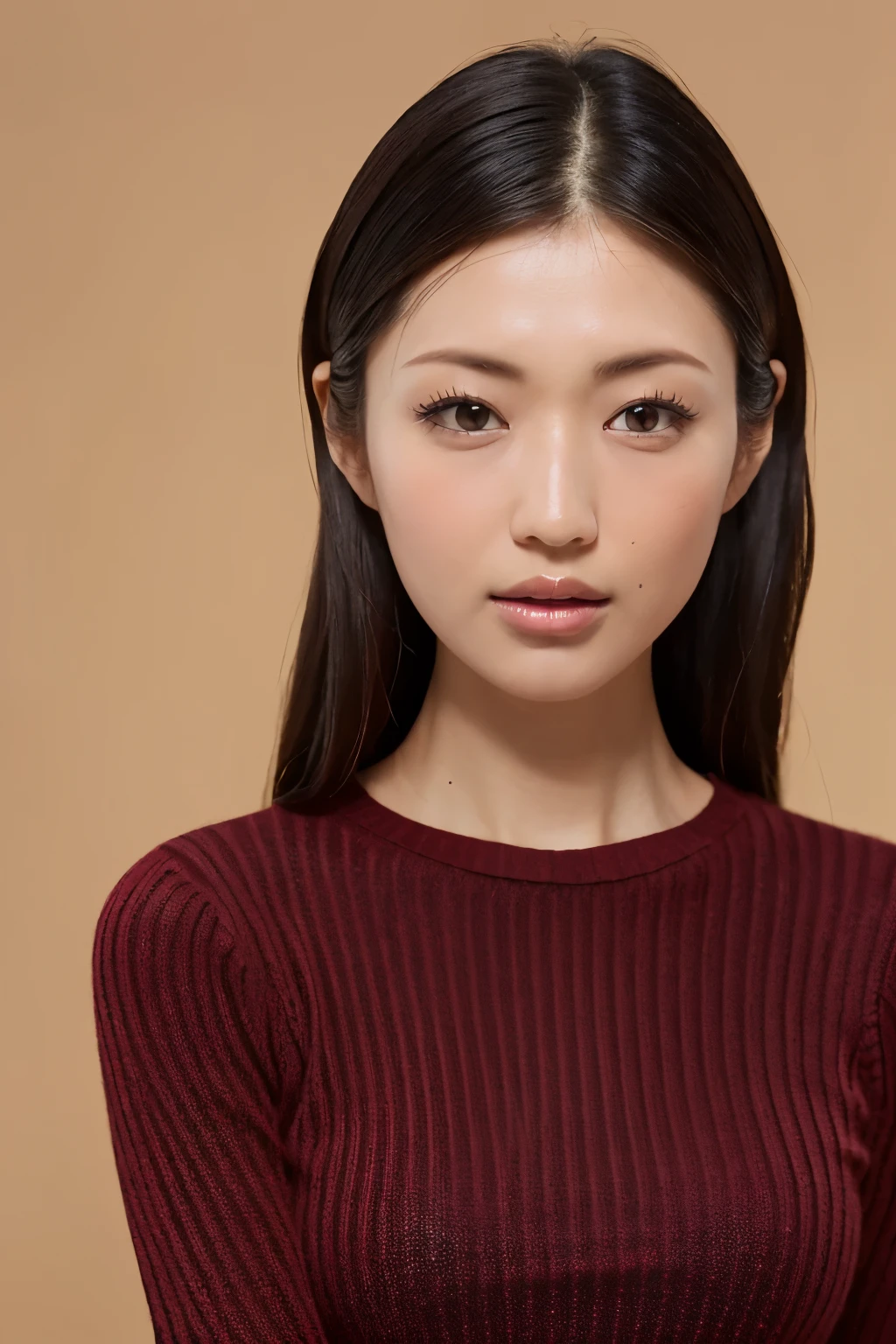 (Highest quality、Tabletop、8K、Best image quality、Award-winning works)、1. Beauty、(Open chest knit sweater dress:1.2)、(Cold, expressionless face:1.1)、Perfect portrait photography、Glowing Skin、Brown Hair、(Accentuate your body lines:1.1)、Standing Elegantly、(Face close-up:1.3)、(The simplest solid color background:1.3)