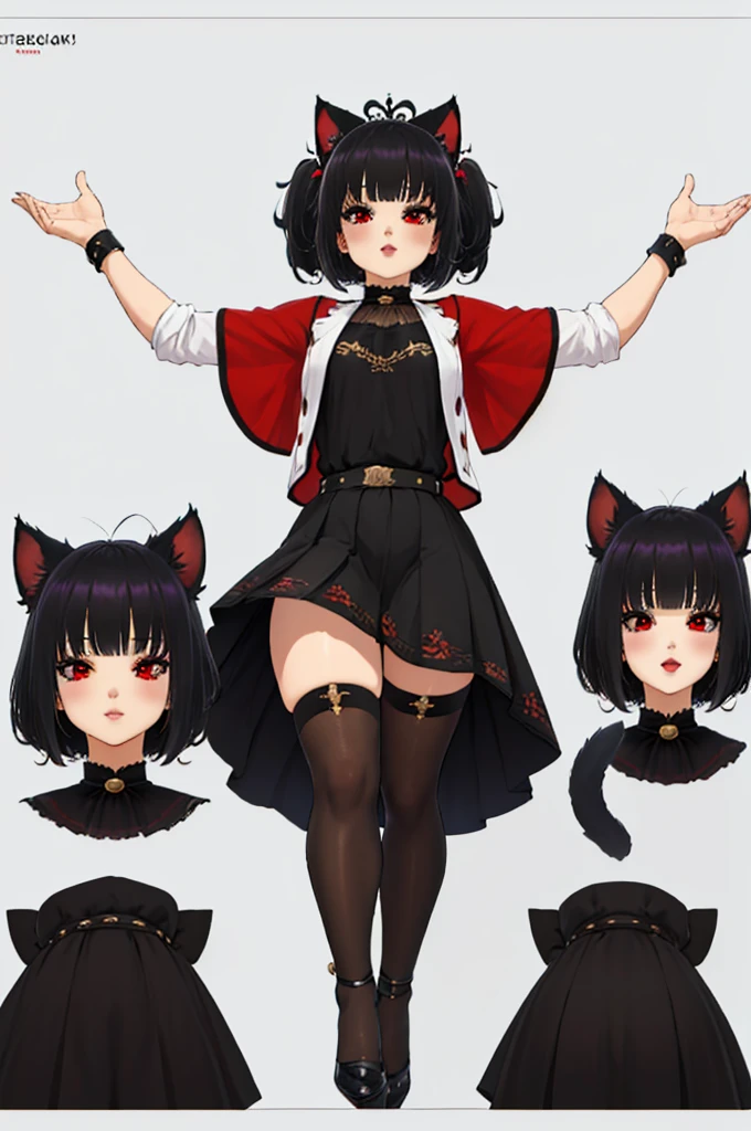 (Excellent quality, good detail, well detailed eyes, HD quality, 4k,) 1chica junkotvv, black hair with cat ears and red eyes with comfortable clothes, simple background , White background