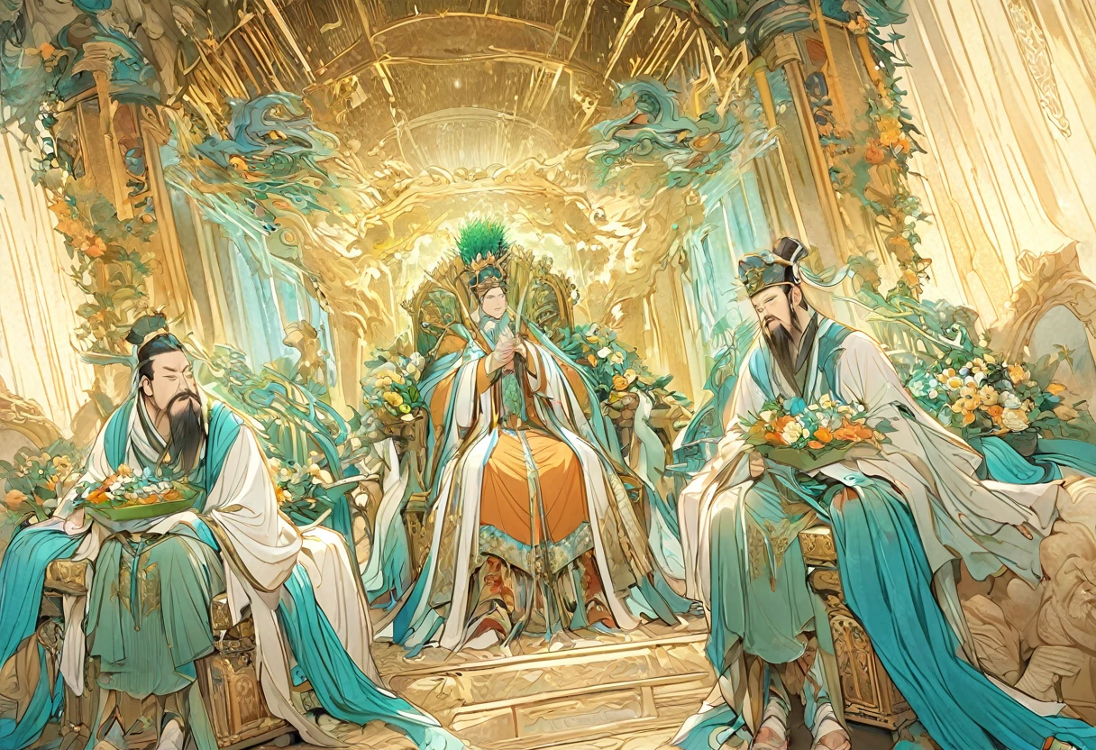 show 2 people, a jade Emperor seated on a magnificent golden throne in the heavenly realm looks down to a young farmer who is in simple clothing stands respectfully before him . Surround them with vibrant celestial flora under a soft, golden light, symbolizing the sacred nature of the encounter.