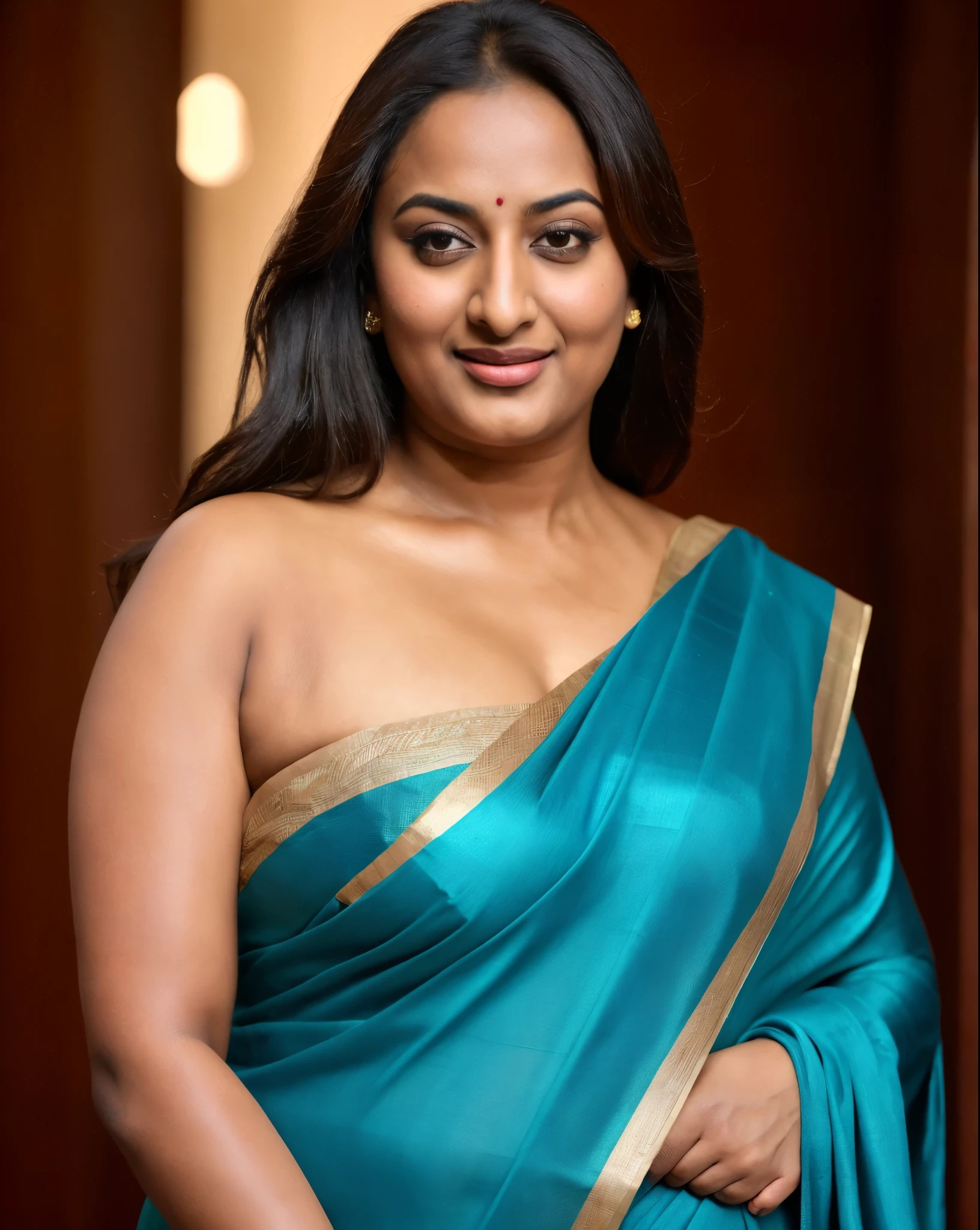 Foto RAW, photorealistic, photography, full body shot, 50 years old Woman, master shot, perfect eyes, goddess like beauty, pierced eyes, perfect thick chubby mallu Desi aunty bhabhi, Wearing a Stanapatta, a chest-band.Saree model, model Photography, Indian saree shoot, Indian traditional wear advertising photography, traditional wear brand shoot, face of Indian actress Sonakshi Sinha, masterpiece, realistic, realism, incredible details,  pleasure, photorealism, detailed skin, skin pores, high contrast, photorealistic Artstation 8k HD digital art trend of high definition and detailed realistic skin texture, ultra detail, realistic skin texture, armature, best quality, ultra high definition, (photorealistic:1.4),, high resolution, detail, raw photo, sweat, Re sharp, by Lee Jefferies Nikon D850 Film Stock Photo 4 Kodak Portra 400 Camera F1.6 Lens Rich Color Ultra Real Realistic Realistic Textures Dramatic Lighting Unreal Engine Trending at Art Station Cinestill 800,(pele altamente detalhada: 1.2), 8k UHD, DSLR, soft-lighting, alta qualidade, grain of film, Fujifilm XT3,she didn't like to wear blouse or bra, she is happy to wear only saree, she hates blouse or bra, detailed hairy armpits, hyper realistic skin, skin pores, sweat, veins, 