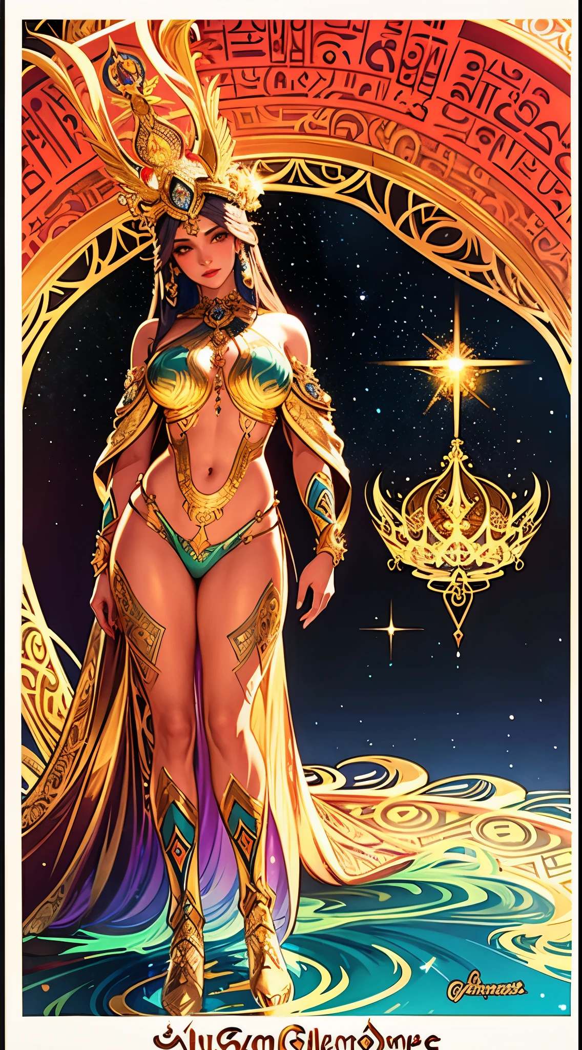 a beautiful goddess isis, egyptian goddess, alphonse mucha style, detailed crown, queenie gesture, ornate headdress, flowing robes, golden skin, piercing eyes, intricate details, ethereal lighting, dreamlike atmosphere, vibrant colors, dramatic pose, masterpiece, 8k, ultra-detailed, photorealistic, cinematic, glowing aura