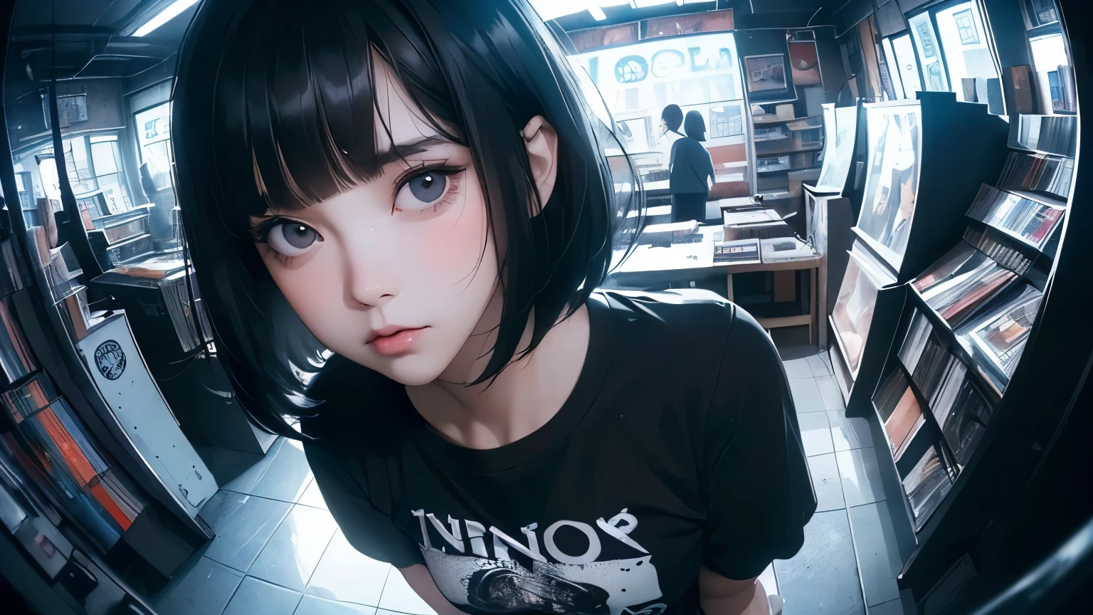 ((8k wallpaper extremely detailed CG unit, masterpiece, High resolution, top quality)), (A very detailed beautiful woman, Perfect face,Black Hair, bob cut,Bangs, Gray eyes, Top of crop, Short sleeve, crop top, Huge breasts), ((The face is rich in detail, Highly detailed dark eyes, Extra detailed body, Top quality real texture skin)), (A black-haired one, Messy hair, White skin), (Interior Architecture, glowing neon lights, Record store), (High Angle:1.2, Fisheye:1.3), Surrealism, number,