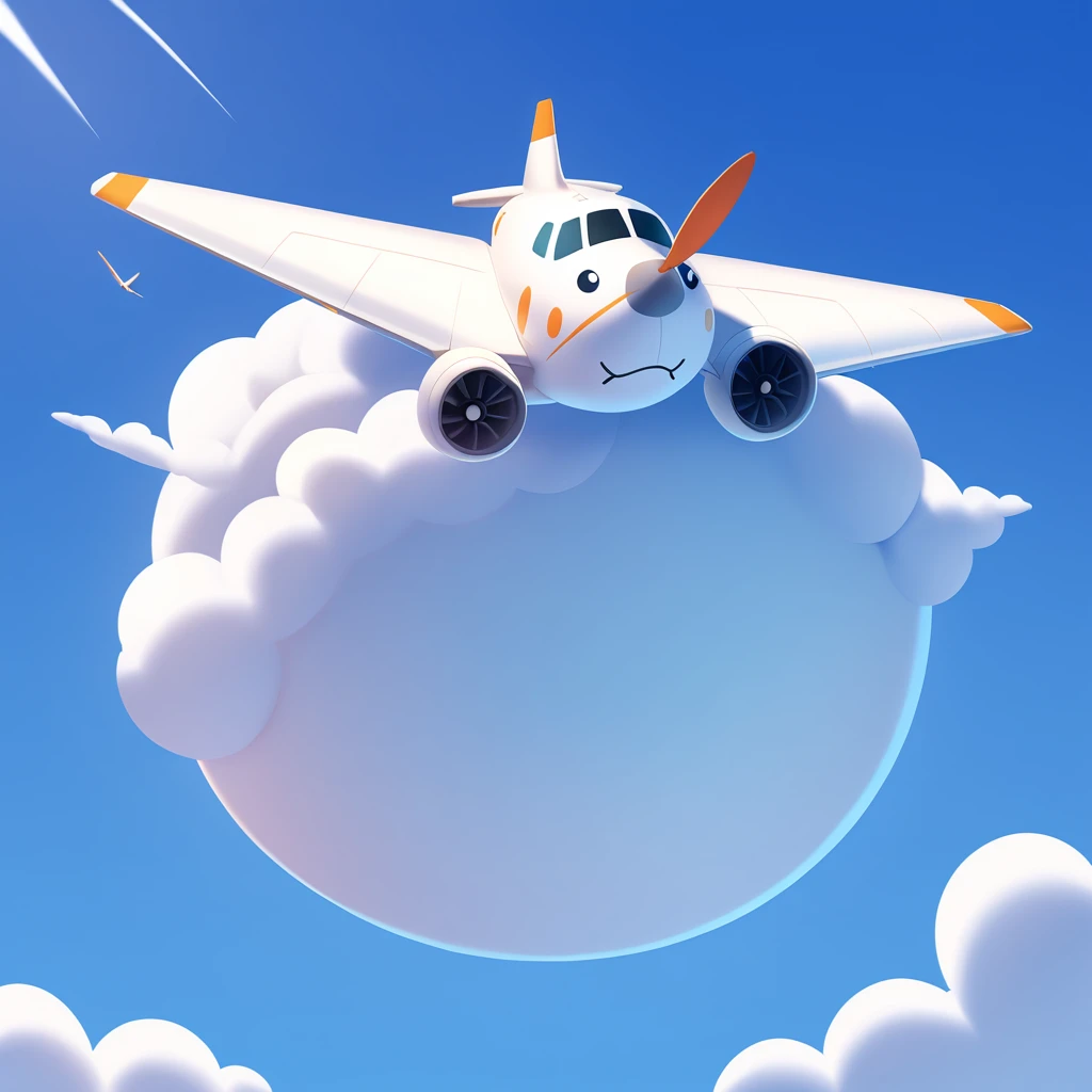 fluffy cute ball of airplane with a serious expression as it flies through the sky in a ball of fluff