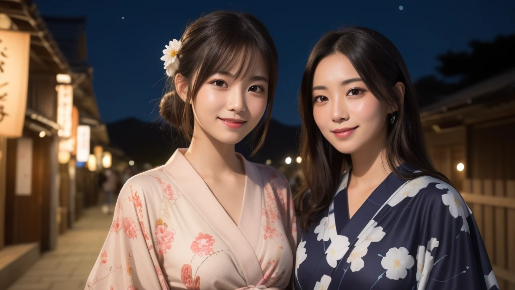 (1women), bun hair, (round eyes:1.2), (highly detailed face), (extremely detailed beautiful face), (smile happily), (floral pattern yukata), (Best Quality:1.4), (Ultra-detailed), extremely detailed CG unified 8k wallpaper, Realistic portrait, Beautiful detailed, High-definition raw color photos, professional photography, night sky, tanzaku, (Japan's Tanabata, Tanabata night), tanzaku, beautiful milky way, (fine face:1.2), focus on women, Tanabata, tanabata,