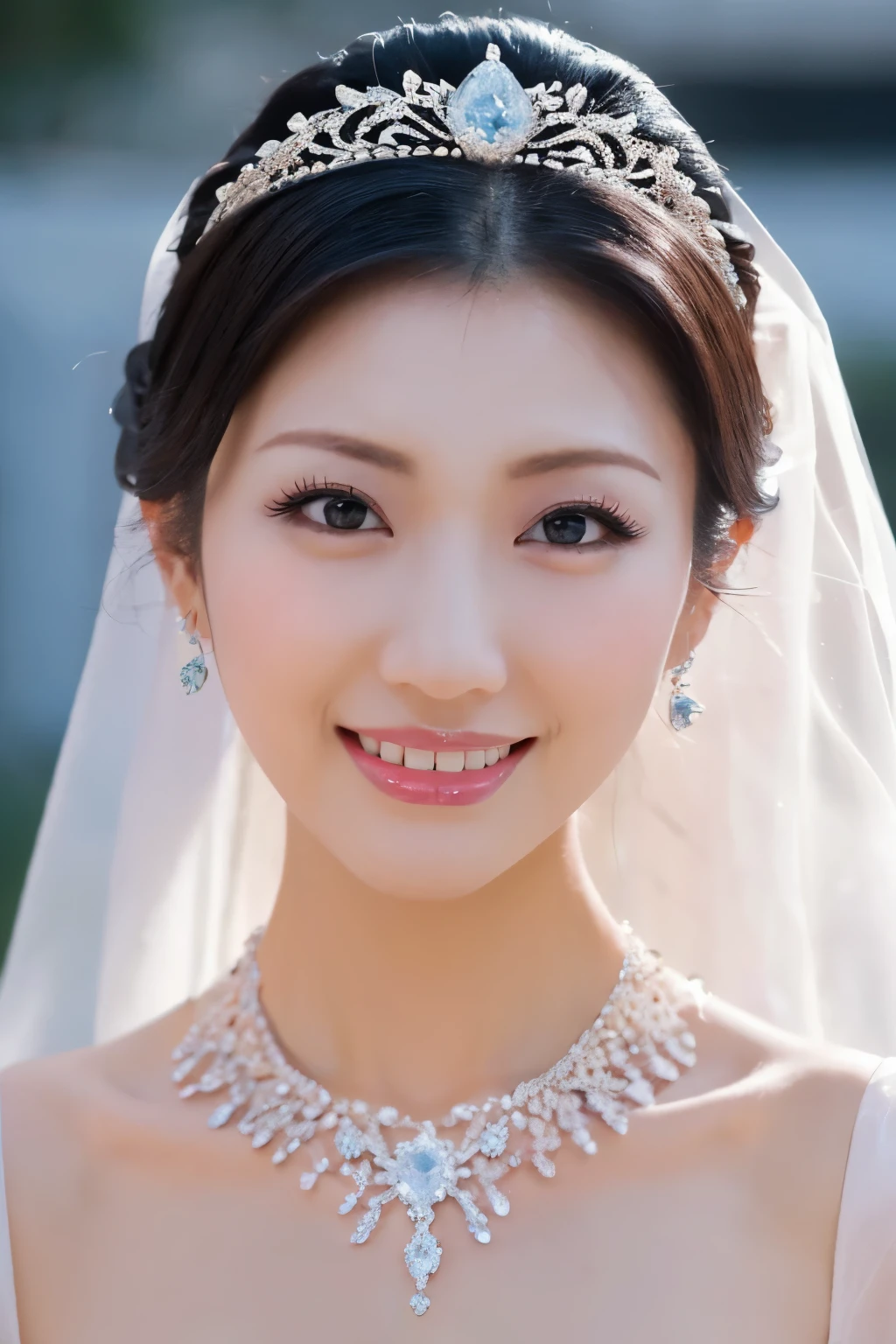 (Highest quality、Tabletop、8K、Best image quality、Award-winning works)、One beautiful bride、(alone:1.1)、(The most extravagant and gorgeous huge pure white wedding dress:1.1)、(Perfect Wedding Lace:1.2)、(The most gorgeous and luxurious giant tiara:1.1)、(The most extravagant and luxurious giant necklace:1.1)、The finest jewellery decoration、Perfect Makeup、Long eyelashes、Ultra HD Shining Eyes、Ultra HD Hair、Ultra-high resolution glossy lips、Ultra High Resolution Perfect Teeth、Super high resolution beautiful face、(Accurate anatomy:1.1)、Very bright and beautiful skin、very bright and vivid、Perfect beautiful bridal hairstyles、(Front facing body:1.1)、(The simplest solid color background:1.2)、(Cold, expressionless face:1.2)