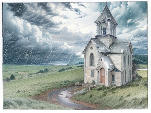 drawing of a church with a steeple on a hill, by Dirk Crabeth, stormy day, by Rainer Maria Latzke, inspired by Dwight William Tryon, weathered drawing, stormy landscape, stormy wheater, by Kevin Connor, in a storm, during a storm, silent hill landscape, storm outside, rainstorm, church, rain storm