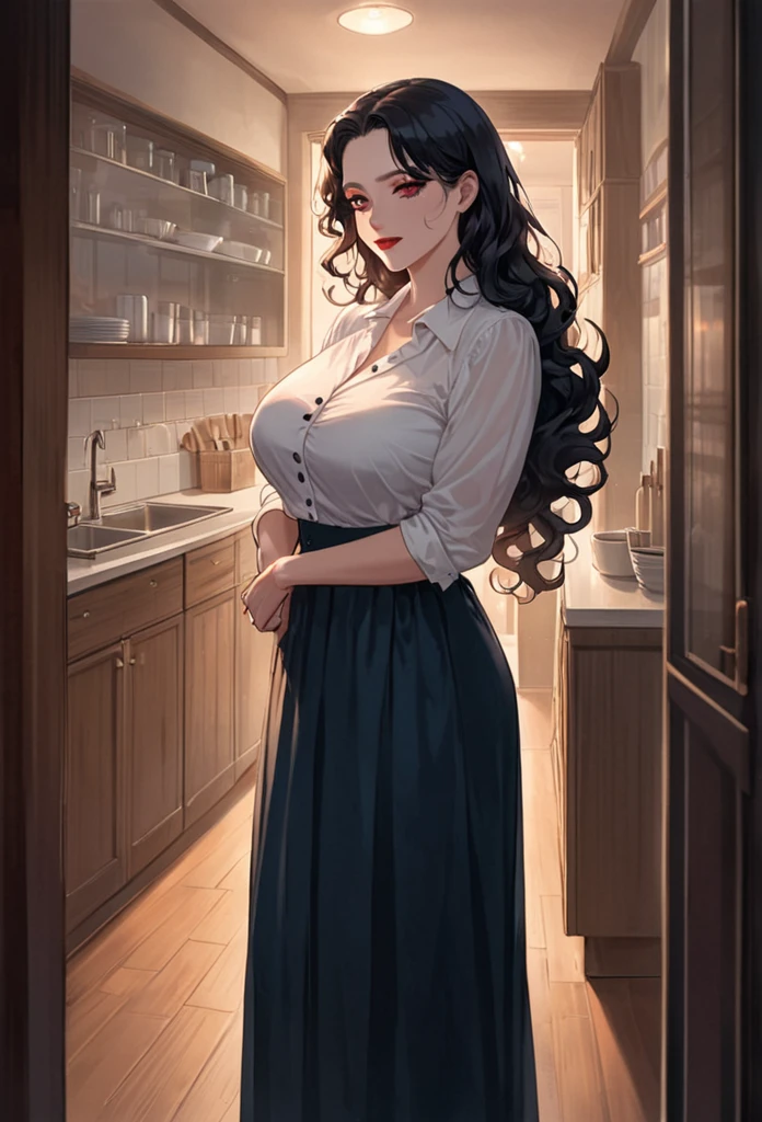 detailed illustration (side view),dynamic angle,ultra-detailed, detailed eyes, detailed face, 1girl, night , nightime, stars, 1940’s wife, button up blouse and long skirt, anime half closed eyes, lidded eyes, bedroom eyes, knowing smile, mischievous smile, smirk, standing in kitchen, domestic goddess, black hair, huge breasts, wholesome yet sexy, motherly, nurturing, MILF, glass sliding door, moonscape outside, dark blue eyes, highly detailed eyes, detailed eyes, bright eyes, long hair, wavy hair, red lips, buttons straining, cleavage too big, gaps between buttons, chest busting out