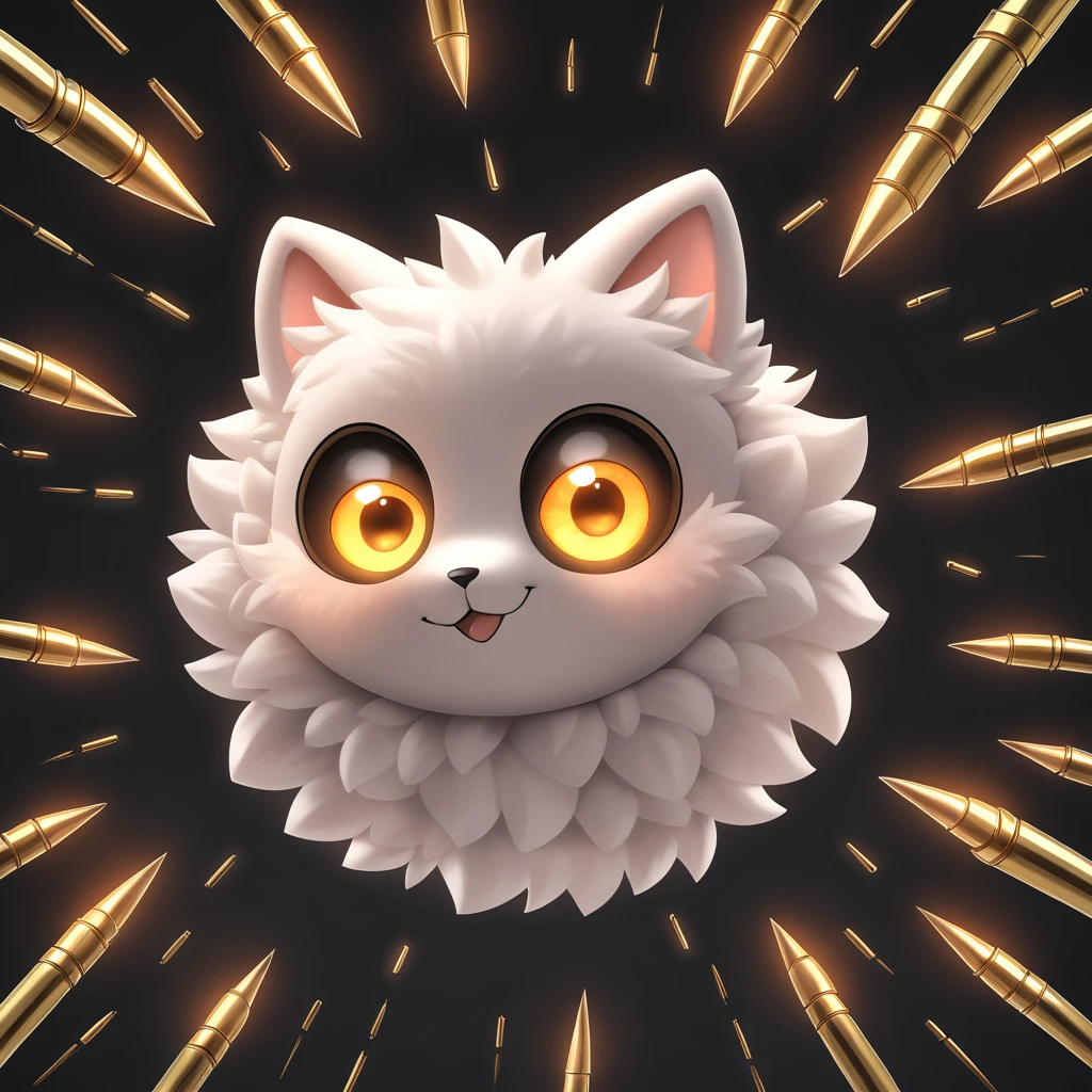 fluffy cute ball of bullet with a eye full of readiness flying across a black sky