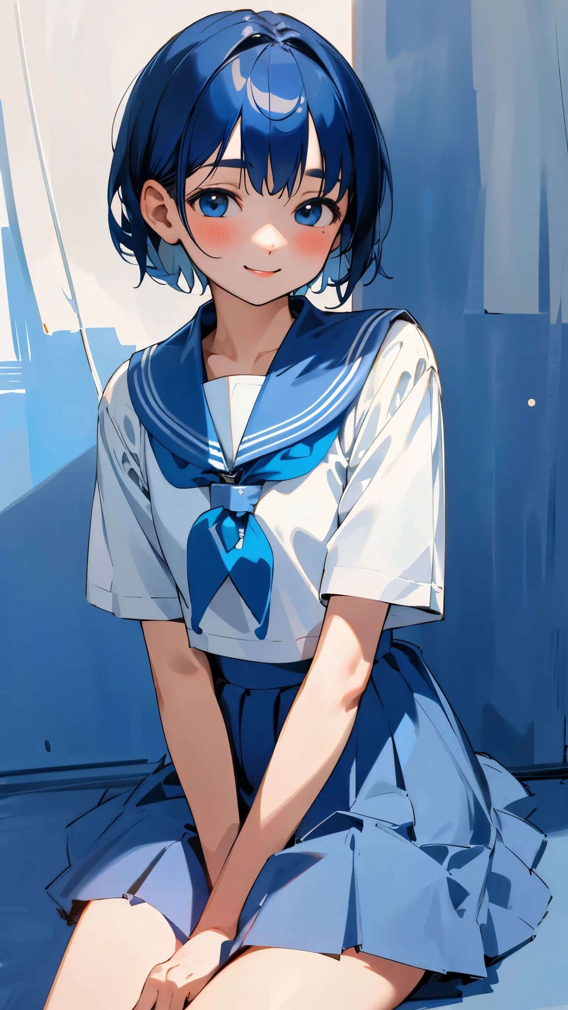1 Girl、Boyish and short hair、Sailor suit 、Sit down、Cowboy Shot、smile、smile、Blue Skirt、in house、(Highest quality、masterpiece、Hyperrealism)、Beautiful and delicate portrait of a と a soft and peaceful expression、Dark blue hair、White hair band