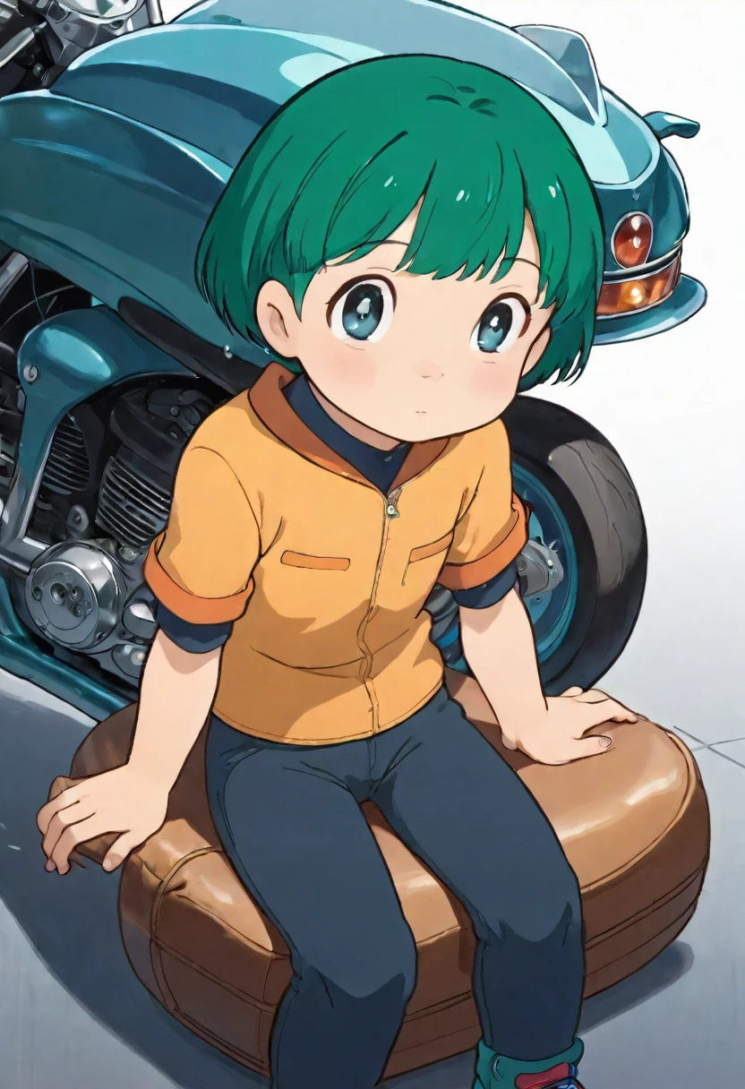 Cute young boy, ropple, blue eyes, green hair, cute face, very smail, laughing, nsfw, small breasts, waist, motorcycle pants, wet spats, cute crotch penis, sitting, full view body, waving at viewer, looking at another, cute face, very smail, laughing, happy, vaginal penis,