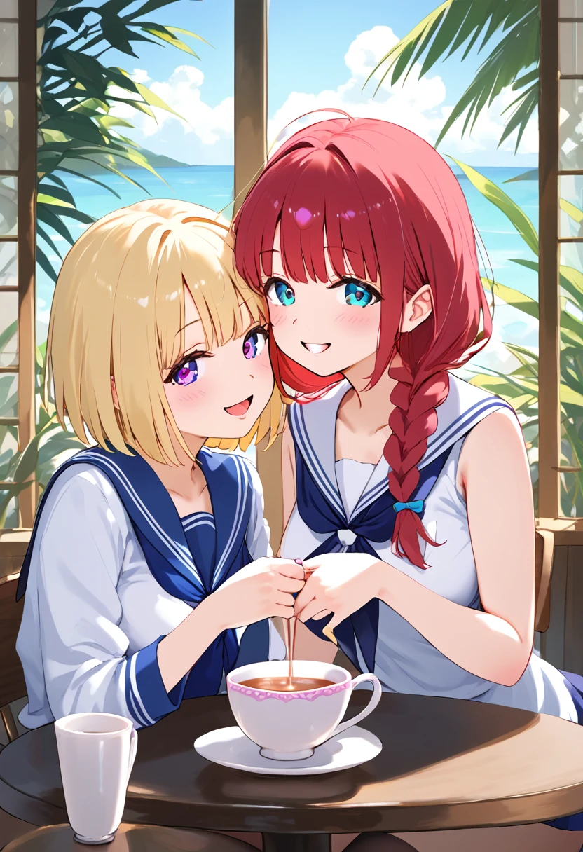 Highest quality、High resolution、Detailed Background、Beautiful face in every detail、Teenage beauty、Cute hair colour、Braided bob cut、ponytail、Sailor suit、Calm atmosphere、Happy expression、clear、
(Two women enjoying tea time in a cute cafe:1.5)