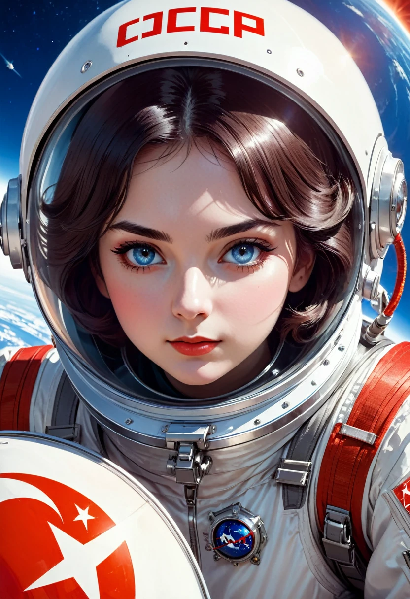 1girl,flat_breasts,cute,beautiful detailed eyes,shiny hair,visible through hair,hairs between eyes, CCCPposter, sovietposter,red monochrome,soviet poster, soviet,communism,
Black_hair,red_eyes,vampire,age,poorbreast,Spacesuit:Orange_clothing_body:jumpsuit),white_gloves, white_space shoes, white_helmet, the CCCP red letters on the top of helmet, weightlessness, Side light, reflection, The person in the spacesuit is at the bottom left of the frame, The right hand is outstretched, the right hand gently touches the Salyut space station), Space station in the upper right corner of the screen, Reflected light from the sun, Silver metal,red flag, brilliance,USSR style, diffuse reflection, Metallic texture, The vista is a blue Earth,mecha style,the sea of star,high tone, magnificent