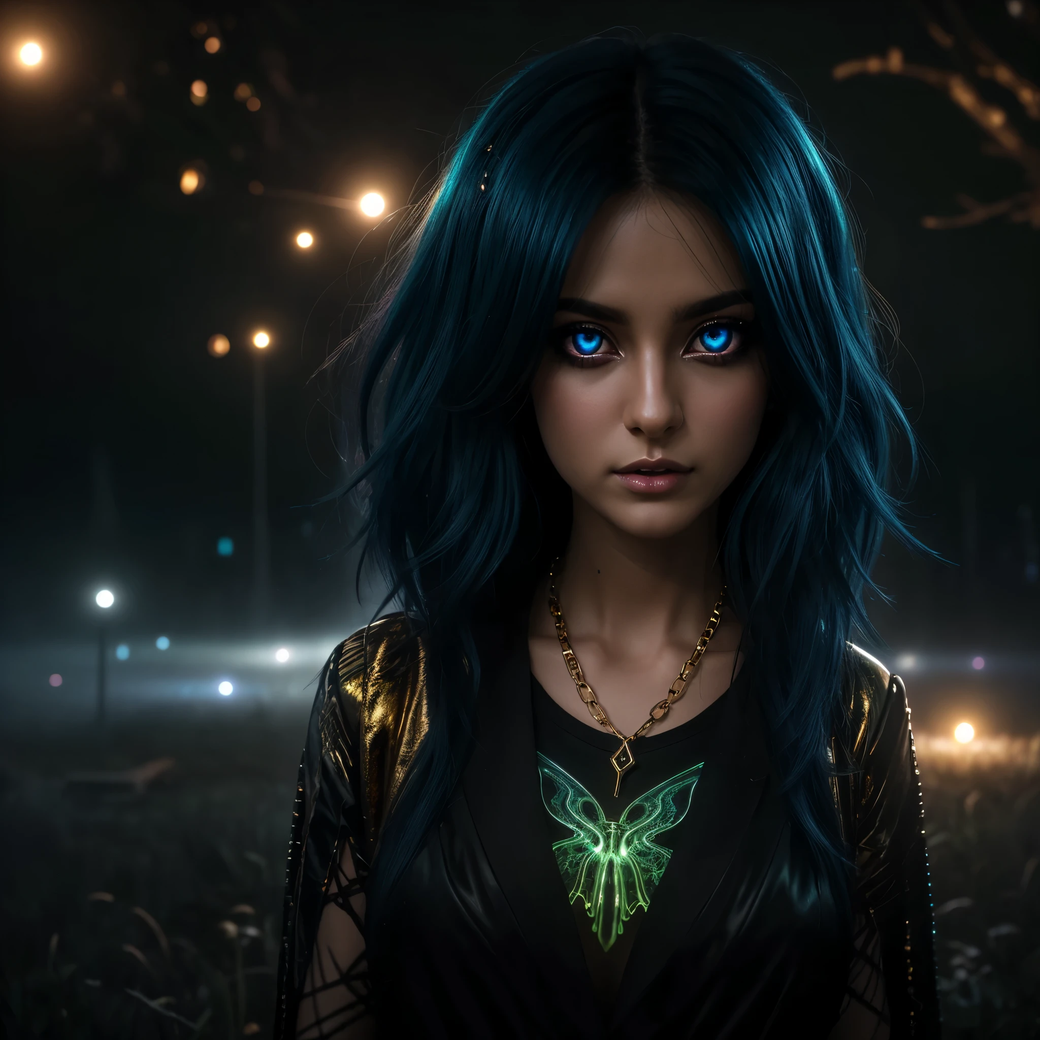 +(((HDMI, HDRI, UDHD))),((Njj 3d)+(Njj modern anime)), night, rain, cemetery, 1 woman, punk rock style clothes, black leather jeans, chains, sneakers, ( (neon iris lighting) 1.1), (eyes emit a magical glow 1.1), ((detailed beautiful eyes) 1.1)), lighting: ((light source full moon))), (((bioluminescence halo light effect Aura focuses on hair))), light falling from above, close-up, bright colors, high quality, extreme detail, blur, depth of field, blurred foreground, looking into the camera, The image had to have an overall sense of mysticism and otherworldliness., with even more number of fantasy elements. (perfect details: 1.1), (beautiful and clear background: 1.2), (extremely detailed CG, ultra detailed, best shadow: 1.1), (finely detailed beautiful eyes), (full-length 1.1), ((fairy fog effect)) , ((ultrasound wave effect)), ((golden rays)), ((abnormal air vibration))., 3D, digital art, on a solid color black background