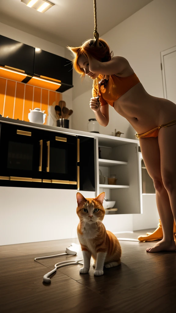 8 k realstic image, iphone, realstic minimal wallpapers, gold and white or orange and white cat realstic girl cat image. It's all dark. It has a light bulb hanging on a rope. A cocroaches scared of a girl cat and around that kitchen. Beneath it, a cat runs to catch it.