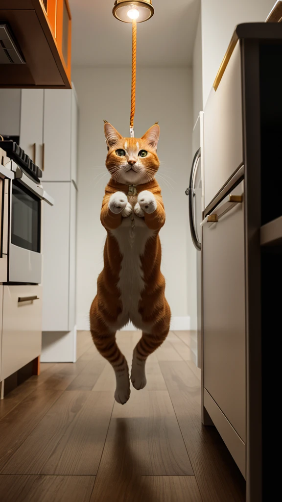 8 k realstic image, iphone, realstic minimal wallpapers, gold and white or orange and white cat realstic girl cat image. It's all dark. It has a light bulb hanging on a rope. A cocroaches scared of a girl cat and around that kitchen. Beneath it, a cat runs to catch it.