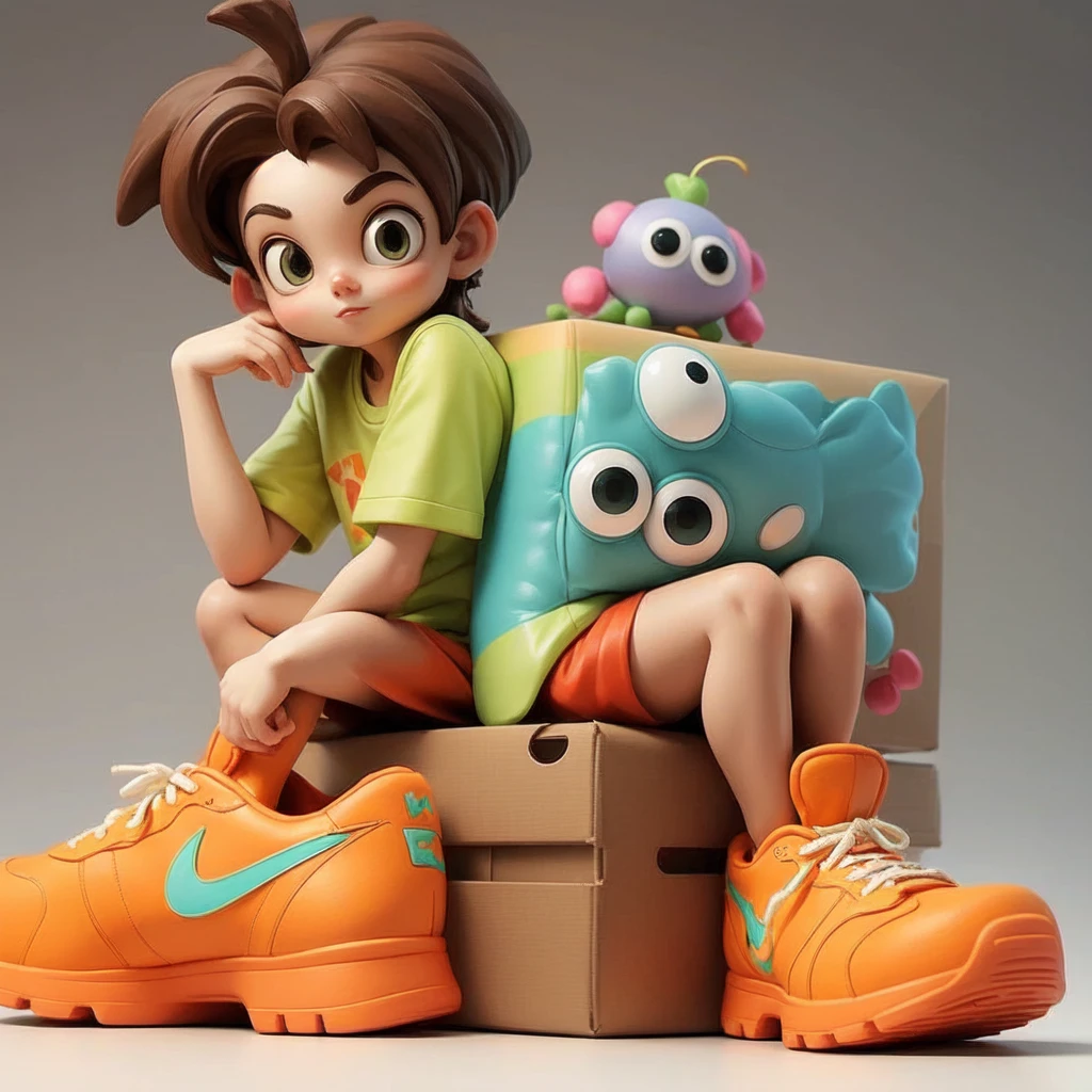 Cartoon character single boy sculpture style figure, with brown hair, large eyes, orange and green outfit, neon sneakers, sitting on a box, playful expression, modern design