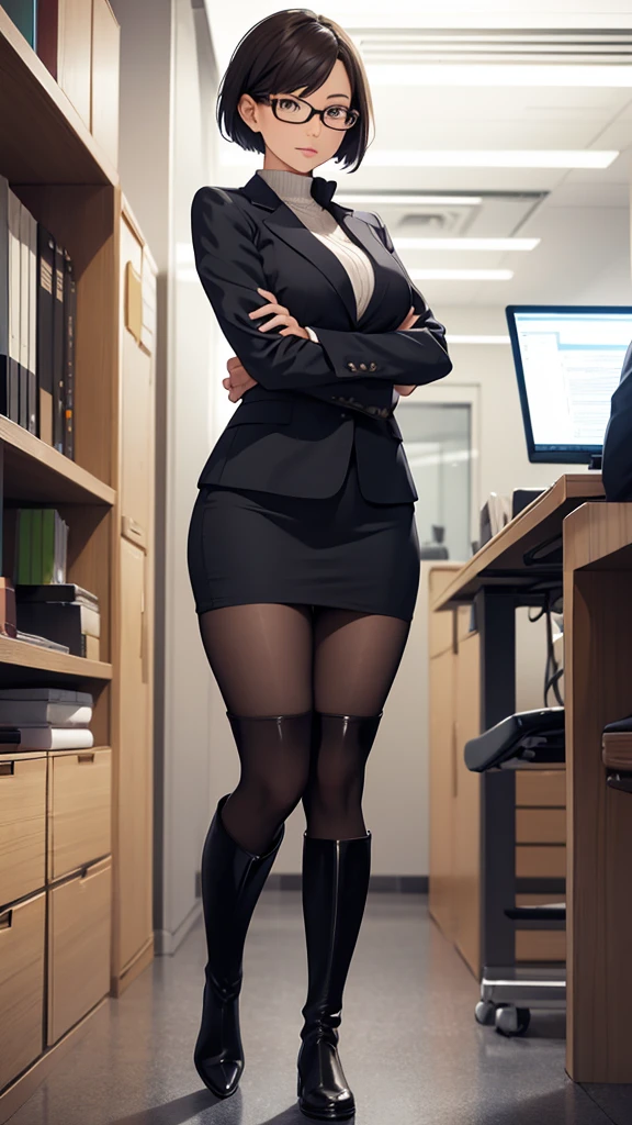 One 30 years old woman,very short hair,glasses,office casual style,suits,tight skirts,pantyhose,((knee high long boots)).