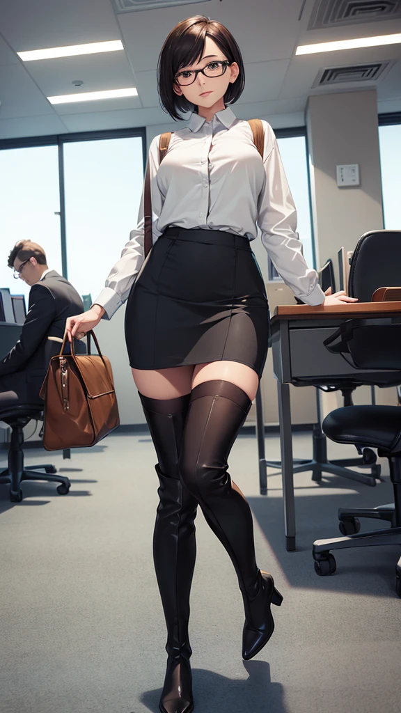 One 30 years old woman,very short hair,glasses,office casual style,suits,tight skirts,pantyhose,((knee high long boots)).