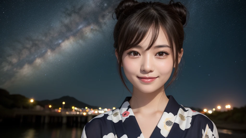 (1women), bun hair, (round eyes:1.2), (highly detailed face), (extremely detailed beautiful face), (smile happily), (floral pattern yukata), (Best Quality:1.4), (Ultra-detailed), extremely detailed CG unified 8k wallpaper, Realistic portrait, Beautiful detailed, High-definition raw color photos, professional photography, night sky, tanzaku, (Japan's Tanabata, Tanabata night), tanzaku, beautiful milky way, (fine face:1.2), focus on women, Tanabata, tanabata,