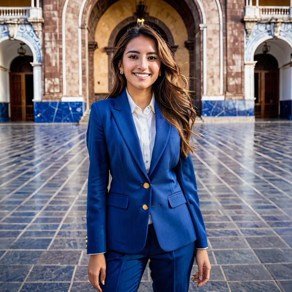 COLOR PORTRAIT OF 25 YEAR OLD WOMAN WITH LONG BROWN HAIR BROWN EYES LOOKING STARLY AT THE CAMERA WITH A LIGHT SMILE FULL BODY IN A BLUE SUIT ON THE ESPLANADE OF THE NATIONAL PALACE IN MEXICO CITY
