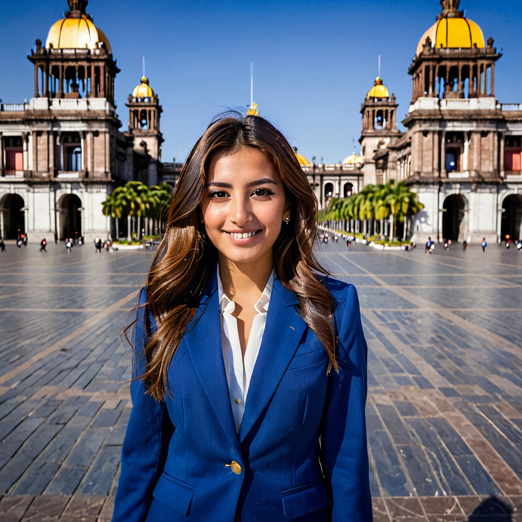 COLOR PORTRAIT OF 25 YEAR OLD WOMAN WITH LONG BROWN HAIR BROWN EYES LOOKING STARLY AT THE CAMERA WITH A LIGHT SMILE FULL BODY IN A BLUE SUIT ON THE ESPLANADE OF THE NATIONAL PALACE IN MEXICO CITY
