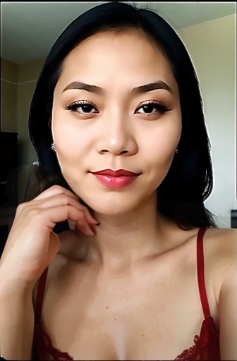 she wears a red nightgown, different camera angles, low quality photos, looks like the photo was taken on an android phone, her camera angle at 180°