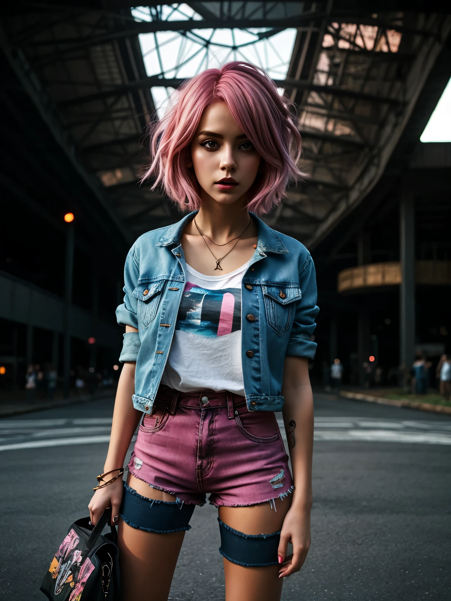 girl, pink hair, short black shorts, beautiful eyes, denim jacket, white T-shirt, field, HD effects, depth of field, contrast, panorama, kaleidoscopic , cinematic