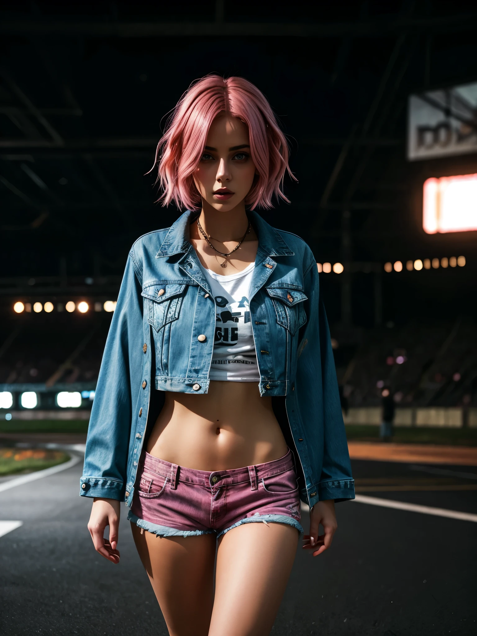girl, pink hair, short black shorts, beautiful eyes, denim jacket, white T-shirt, field, HD effects, depth of field, contrast, panorama, kaleidoscopic , cinematic