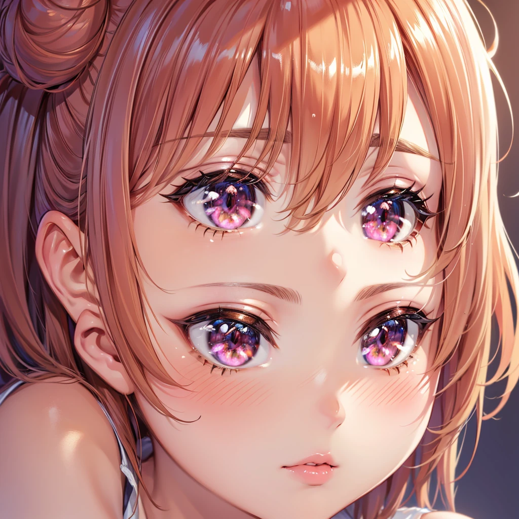 1girl, solo, masterpiece, best quality, high res, highly detailed, illustration, game cg, (beatiful detailed eyes), yuigahama yui, single hair bun, glossy lips, light makeup, blush, close up, head and shoulders, shirt, shining eyes, beautiful detailed hair