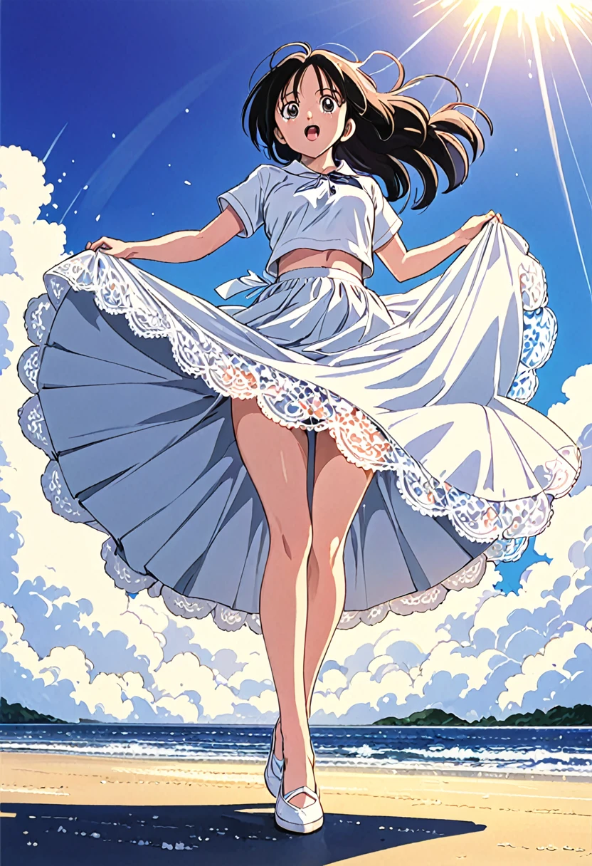 Kyoko OtonashiLow - Angle、
Low - Angle、Long skirt、Hold down your skirt that is being blown up by the strong wind、Anime white panties in a strong wind、Crotch is visible
ローレグのパンツ、Farbe: White、
Crotch is visible、
、Lined、White lace lining、