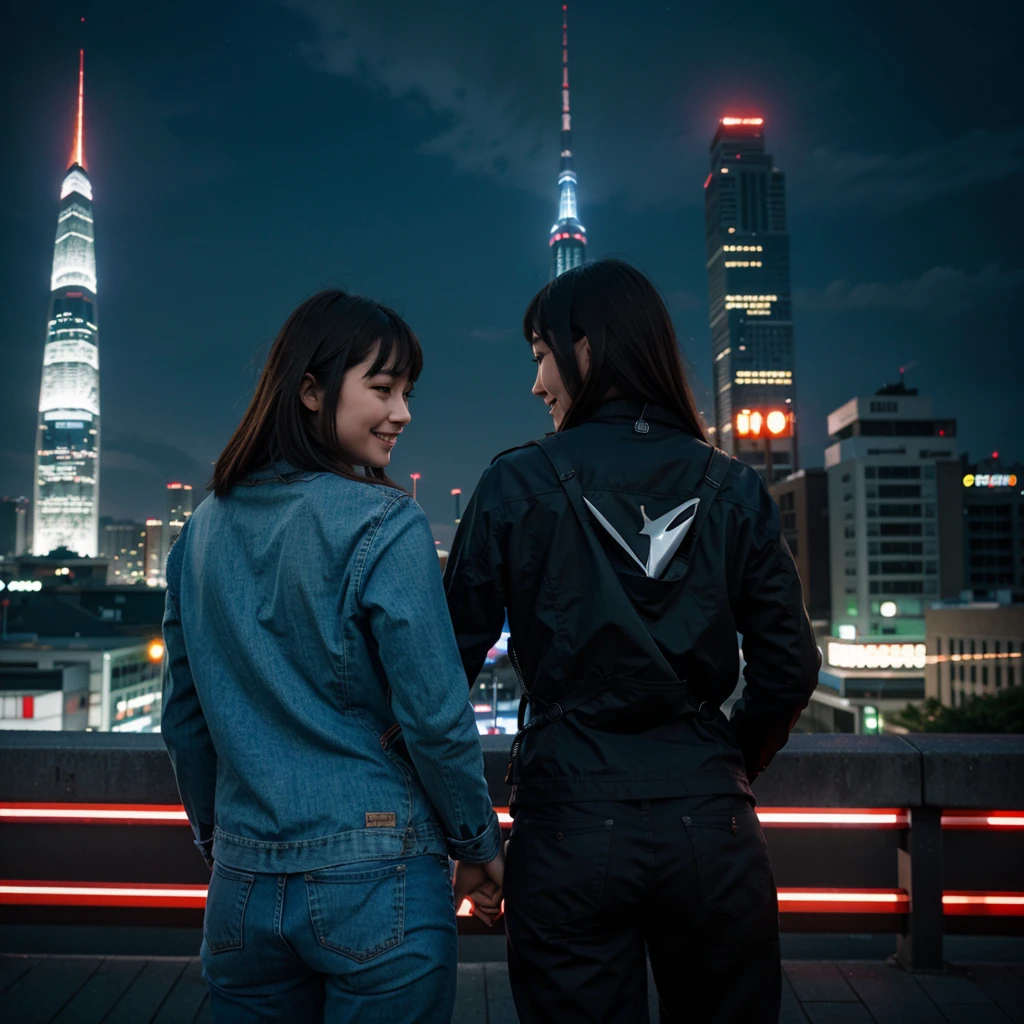 a godzilla holding a beautiful ultraman woman with a beautiful face, from behind while laugh in front of the city, bright and colorful light
