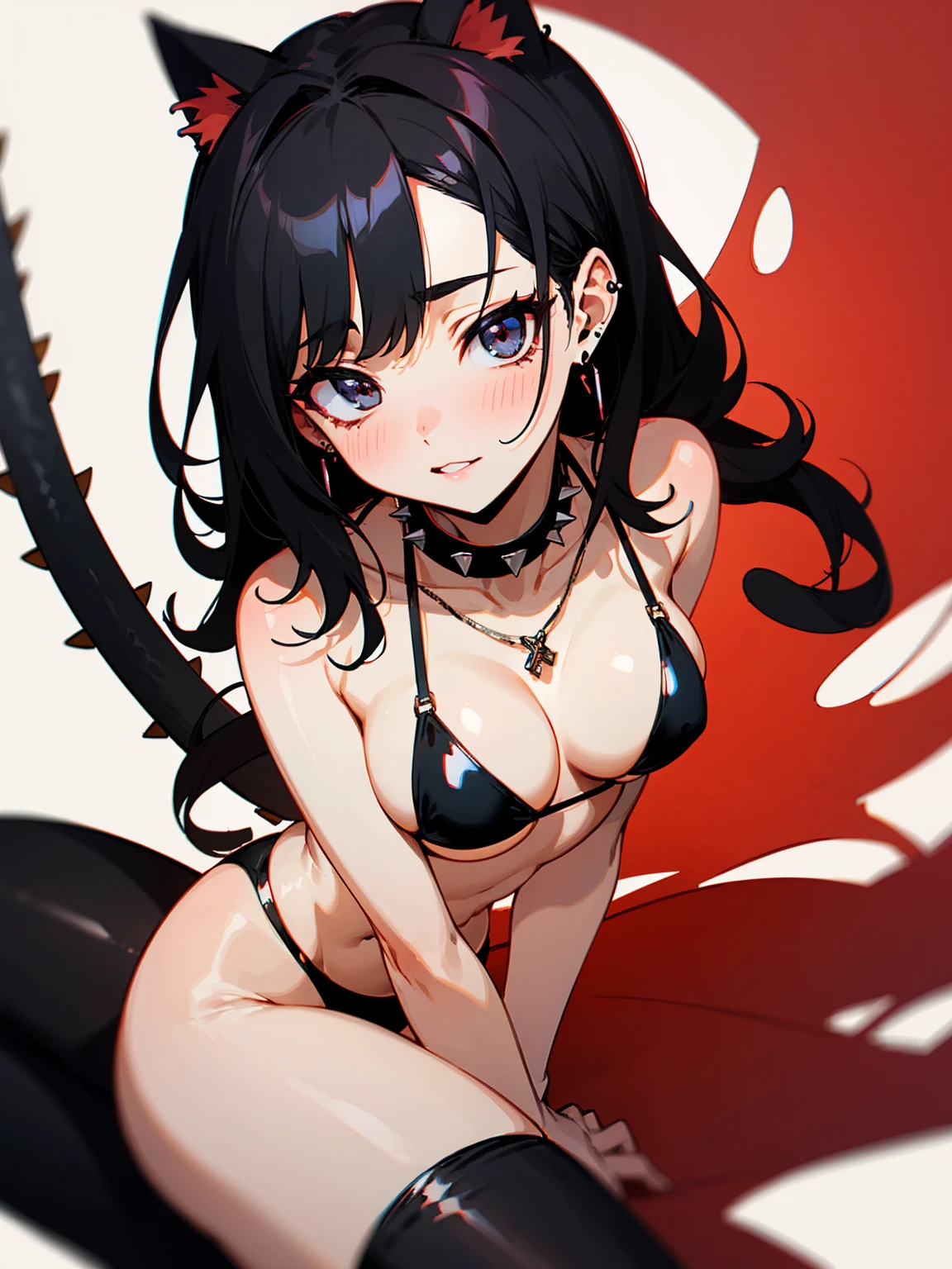 ((Long Straight Black hair)), Perfect face, Choker, Punk earrings, ((Tall)), ((High Quality)), Necklace, ((Mature)), Pretty Eyes, Sharp Nails, Bangs, ((1 Girl)), Hot, ((Multiple Earrings)), Natural Tits, 1 girl, Beautiful, Sexy, Spiky Earrings, Adult, Spiked Collar, Thin Eyelashes, Plain Background, Red Colors in Background, Black Eyes, Black Clothes, Lewd, Orgasmic, Horny, Dark Colors, Close Up, Hair Strands, Black Thigh Highs, Completely White Background, Slender Body, Cat Girl, Long Tail, Large Tail, Massive Tail, Black Tail, Small Tits, Wide Hips, Long Body, ((Black Bikini)),
