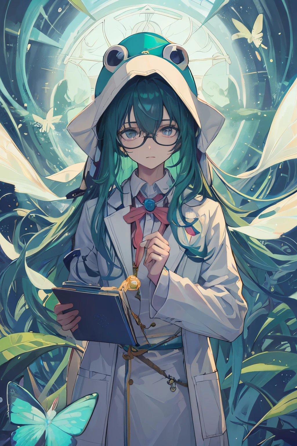 Long-haired anime boy, donning a whimsical frog hat and a scientific lab coat, engrossed in the act of delicately savoring a captivating butterfly -- a scene gently bathed in pastel hues, filled with intricate details of the boy's vibrant locks, the seemingly otherworldly hat, and the meticulously rendered lab coat. The background radiates with a colorful, abstract swirl of radial lines, symbolizing the boy's blend of imagination and science. A close-up of the boy's expressive face, adorned with black, curly hair and sporting eye glasses, adds an air of enchantment to this top-