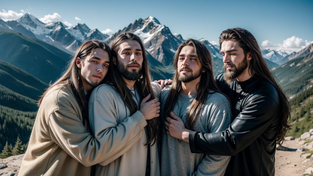6 men with long hair and beards, long clothes hugging each other at the top of the mountain